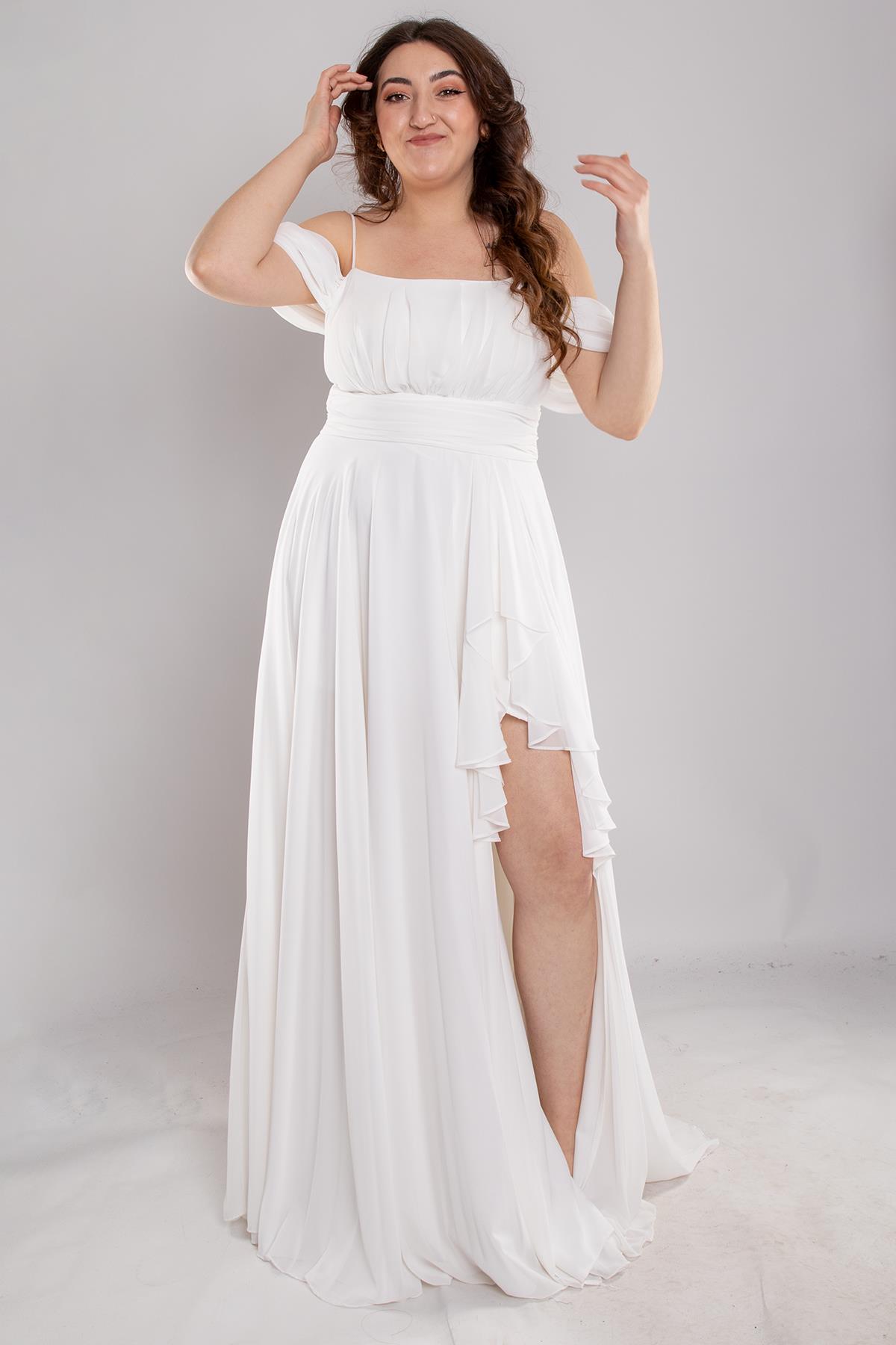 1479 Büyük Beden İp Askı Göğüs Drape Yanı Fırfırlı Uzun Şİfon Elbise