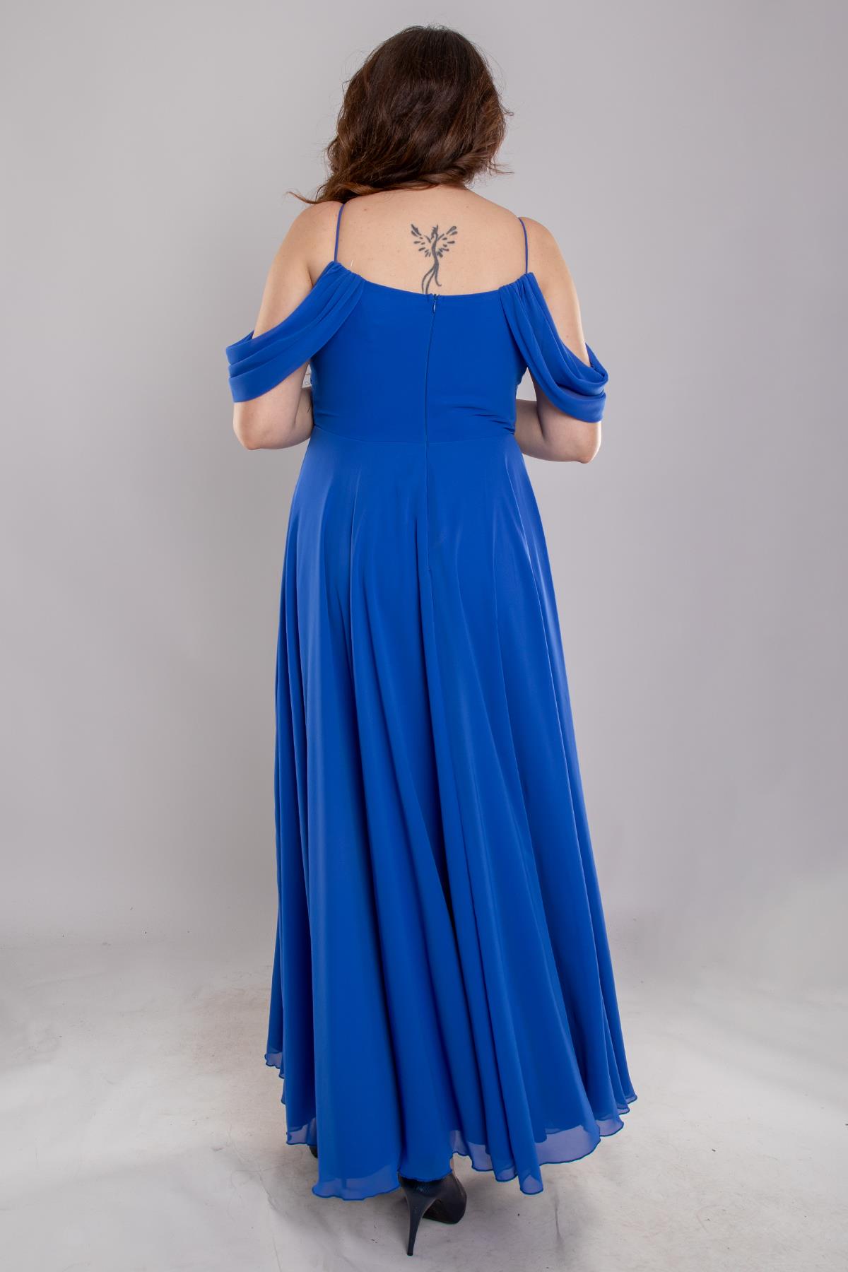 1479 Büyük Beden İp Askı Göğüs Drape Yanı Fırfırlı Uzun Şİfon Elbise