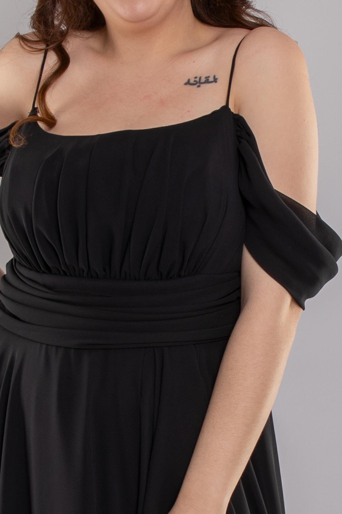 1479 Büyük Beden İp Askı Göğüs Drape Yanı Fırfırlı Uzun Şİfon Elbise