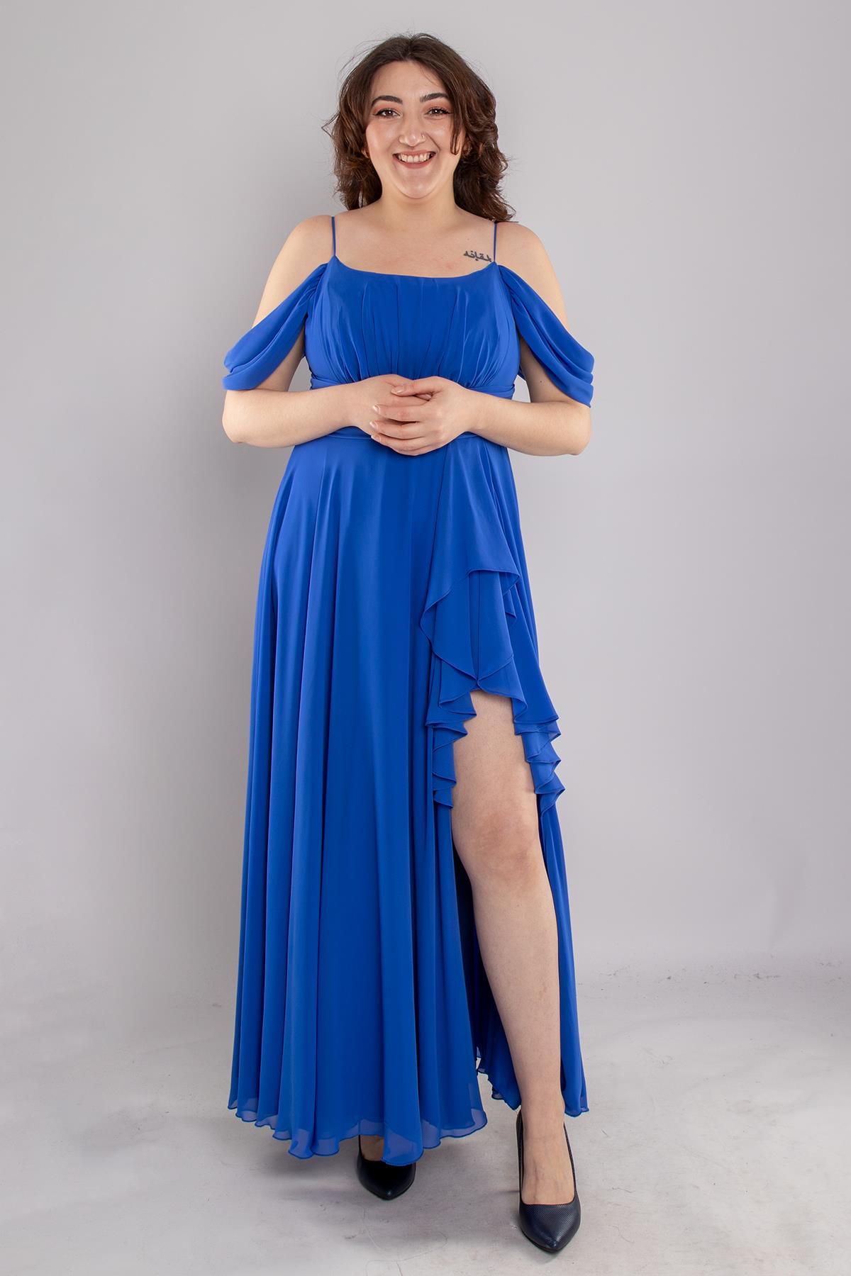 1479 Büyük Beden İp Askı Göğüs Drape Yanı Fırfırlı Uzun Şİfon Elbise