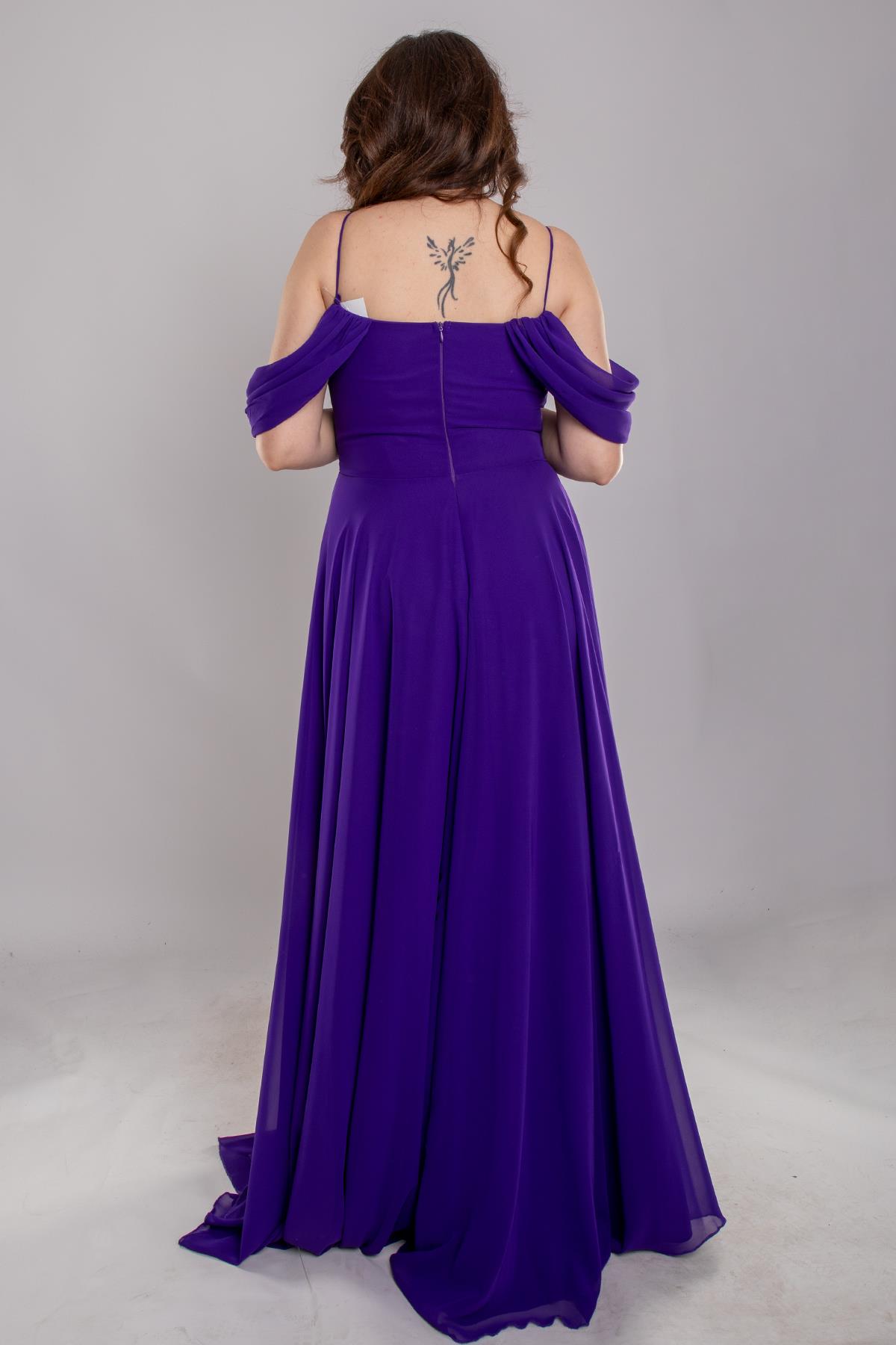 1479 Büyük Beden İp Askı Göğüs Drape Yanı Fırfırlı Uzun Şİfon Elbise