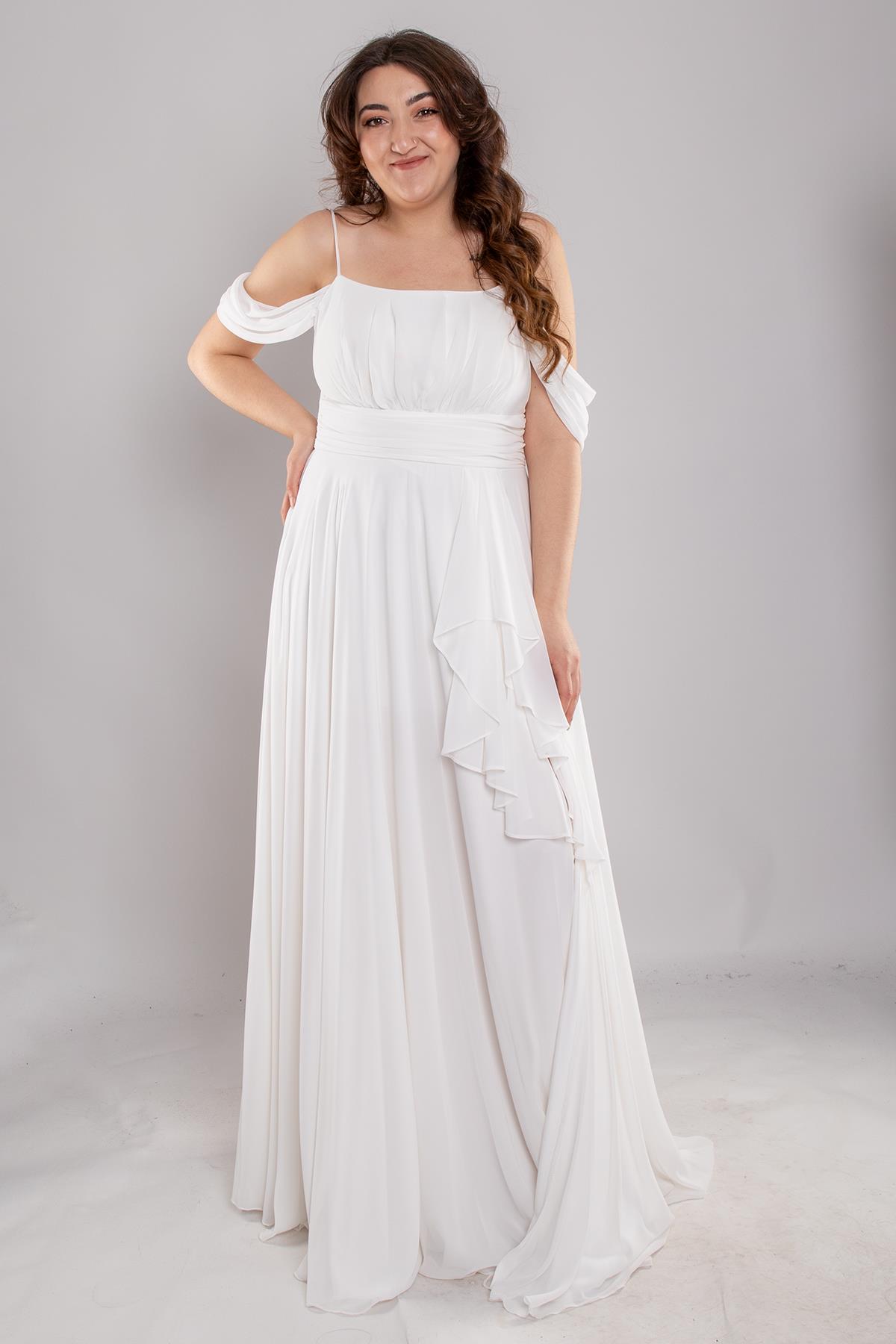 1479 Büyük Beden İp Askı Göğüs Drape Yanı Fırfırlı Uzun Şİfon Elbise