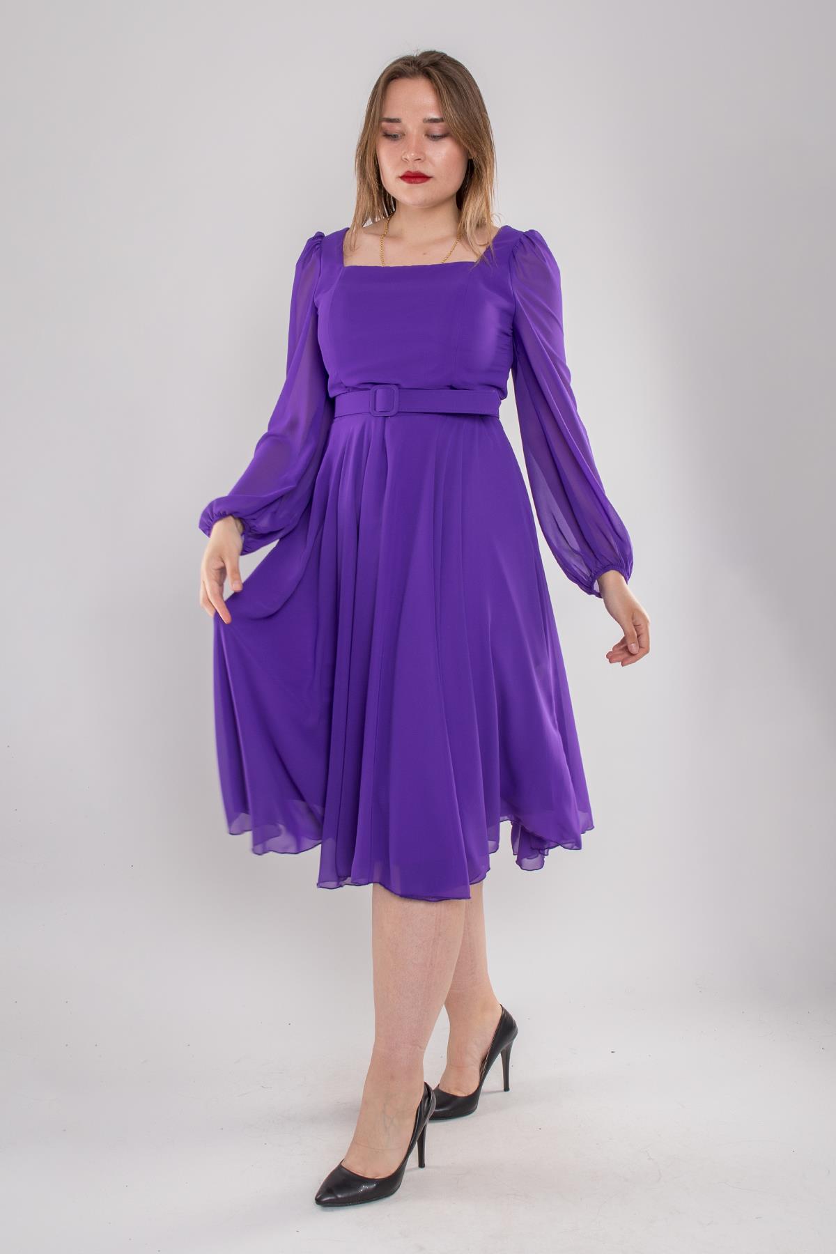 1482 Büyük Beden Kare Yaka Tül Kollu Kemerli Midiboy Şifon Elbise