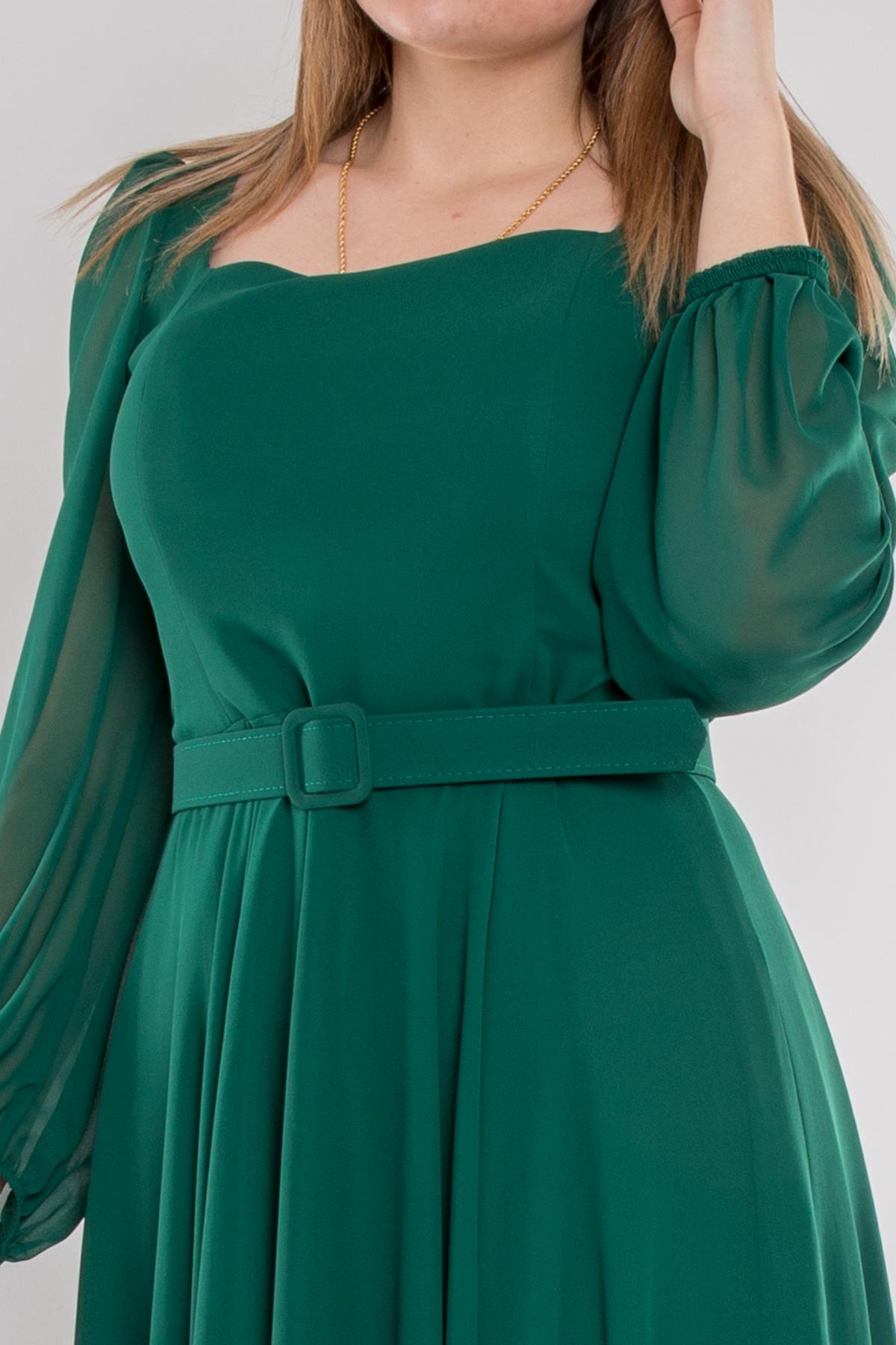 1482 Büyük Beden Kare Yaka Tül Kollu Kemerli Midiboy Şifon Elbise