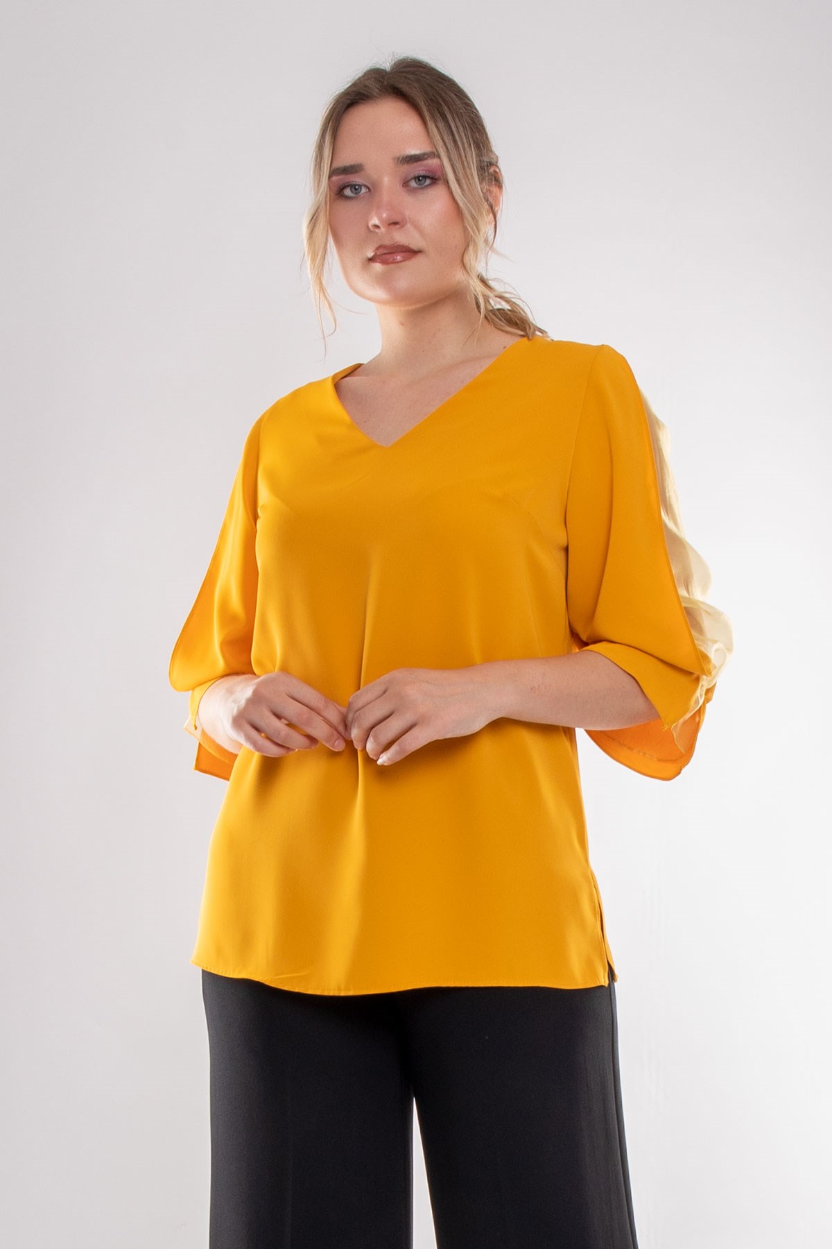 1490 Büyük Beden Organze Tül Kol Vyaka Viscon Bluz