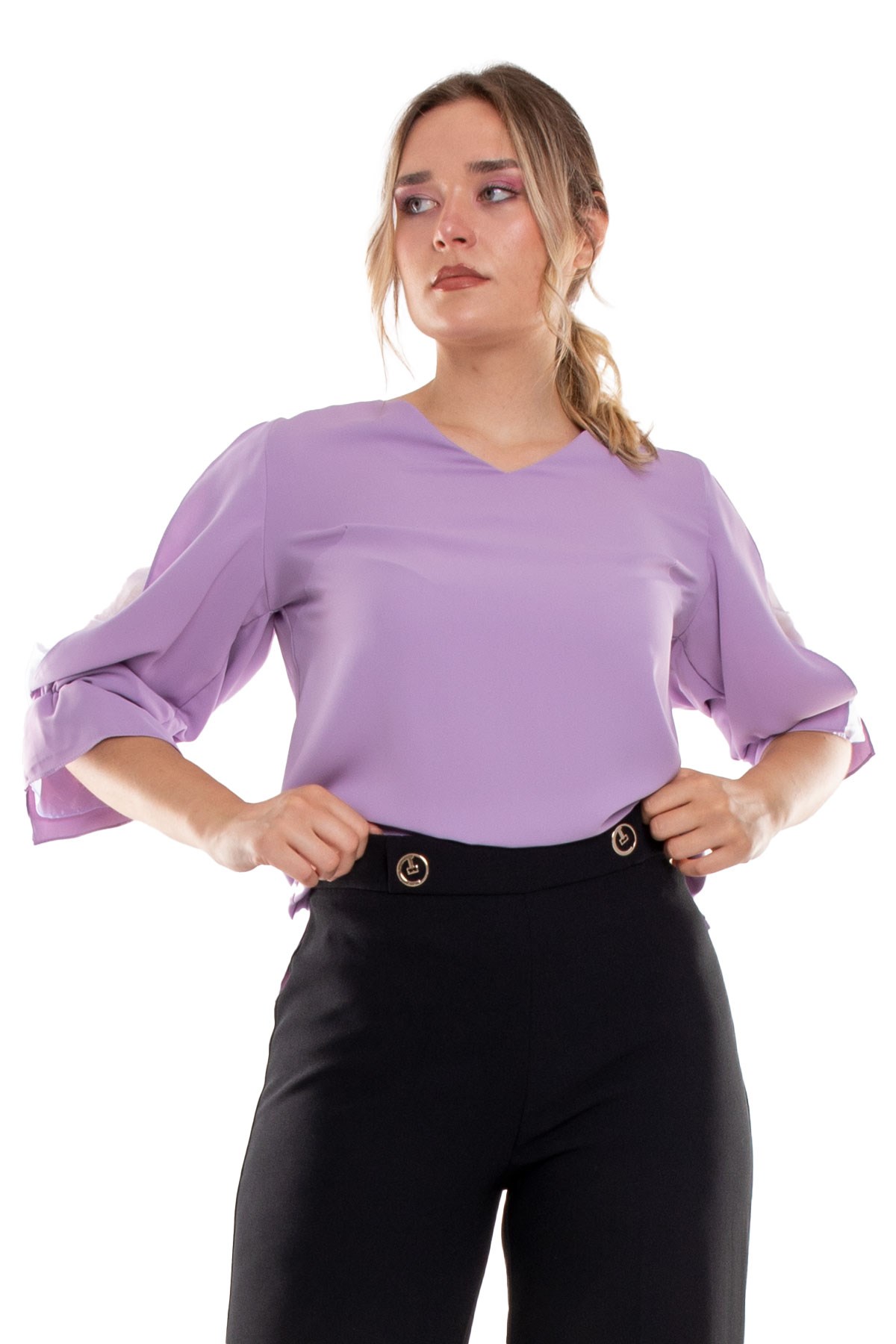 1490 Büyük Beden Organze Tül Kol Vyaka Viscon Bluz