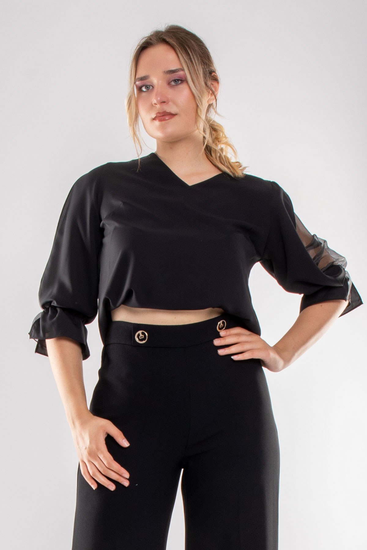 1490 Büyük Beden Organze Tül Kol Vyaka Viscon Bluz