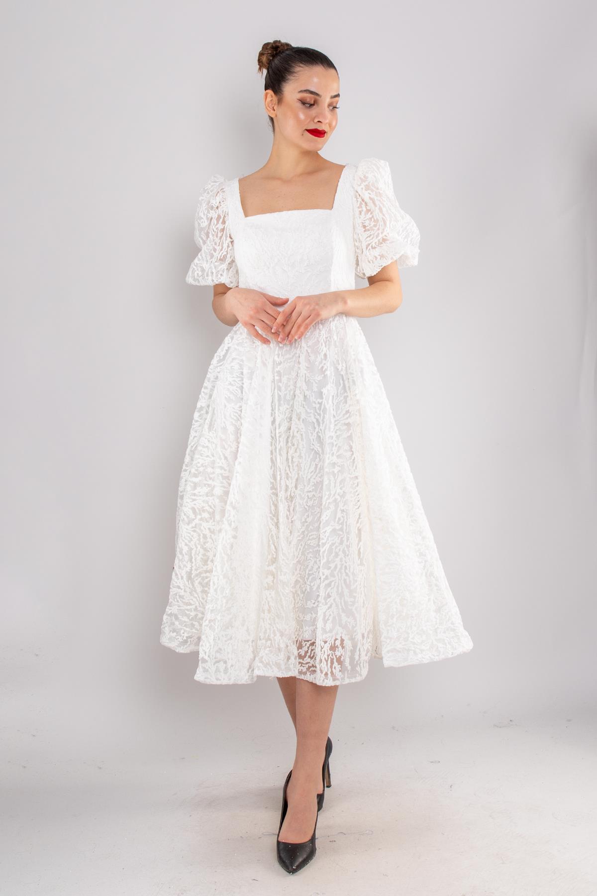 1491 Balon Kol Simli Kare Yaka Kloş Etek Kısa Abiye Elbise