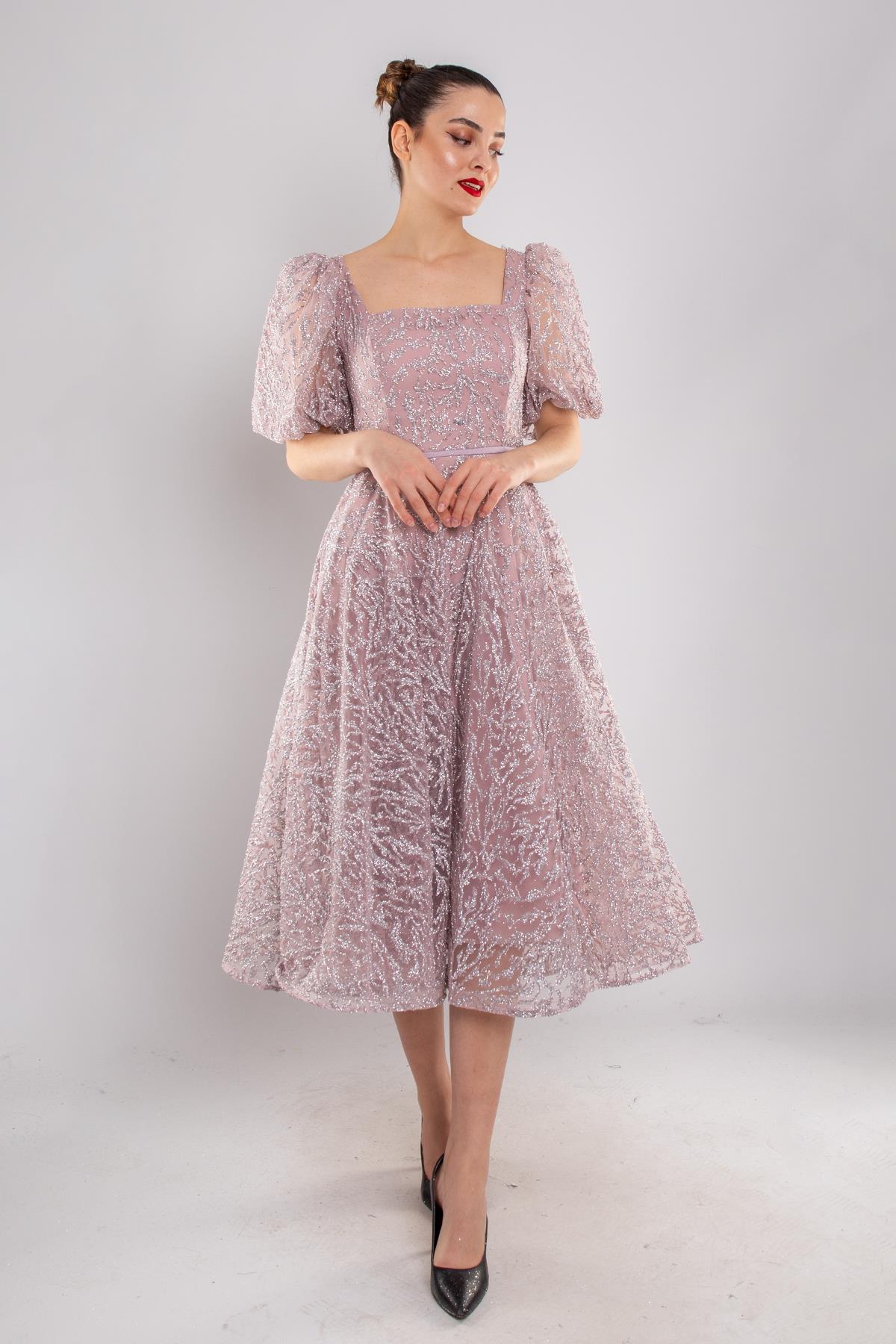 1491 Balon Kol Simli Kare Yaka Kloş Etek Kısa Abiye Elbise