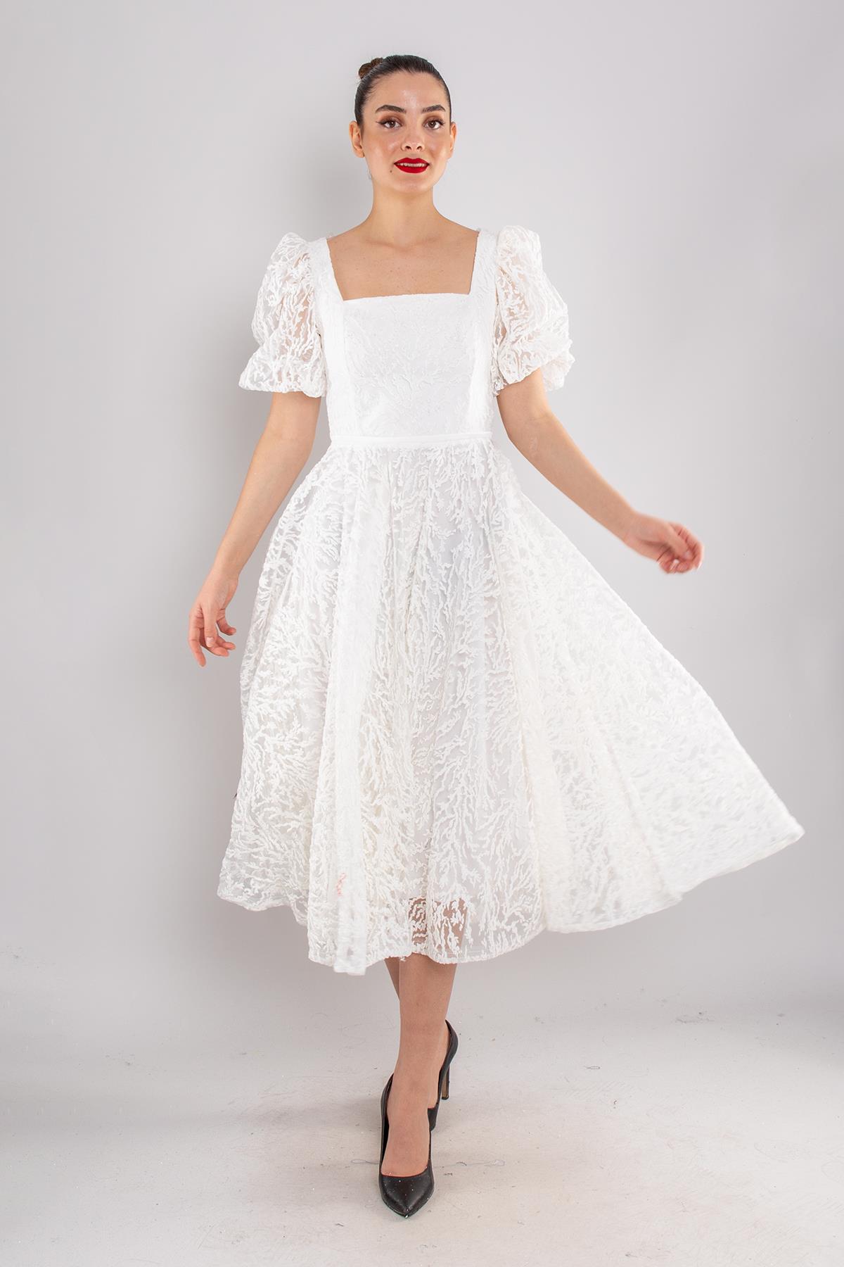 1491 Balon Kol Simli Kare Yaka Kloş Etek Kısa Abiye Elbise