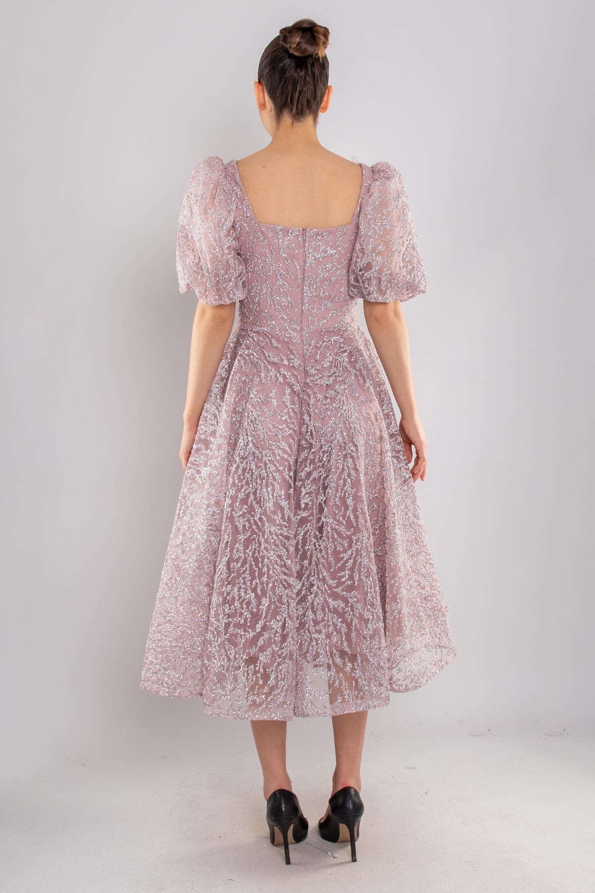 1491 Balon Kol Simli Kare Yaka Kloş Etek Kısa Abiye Elbise