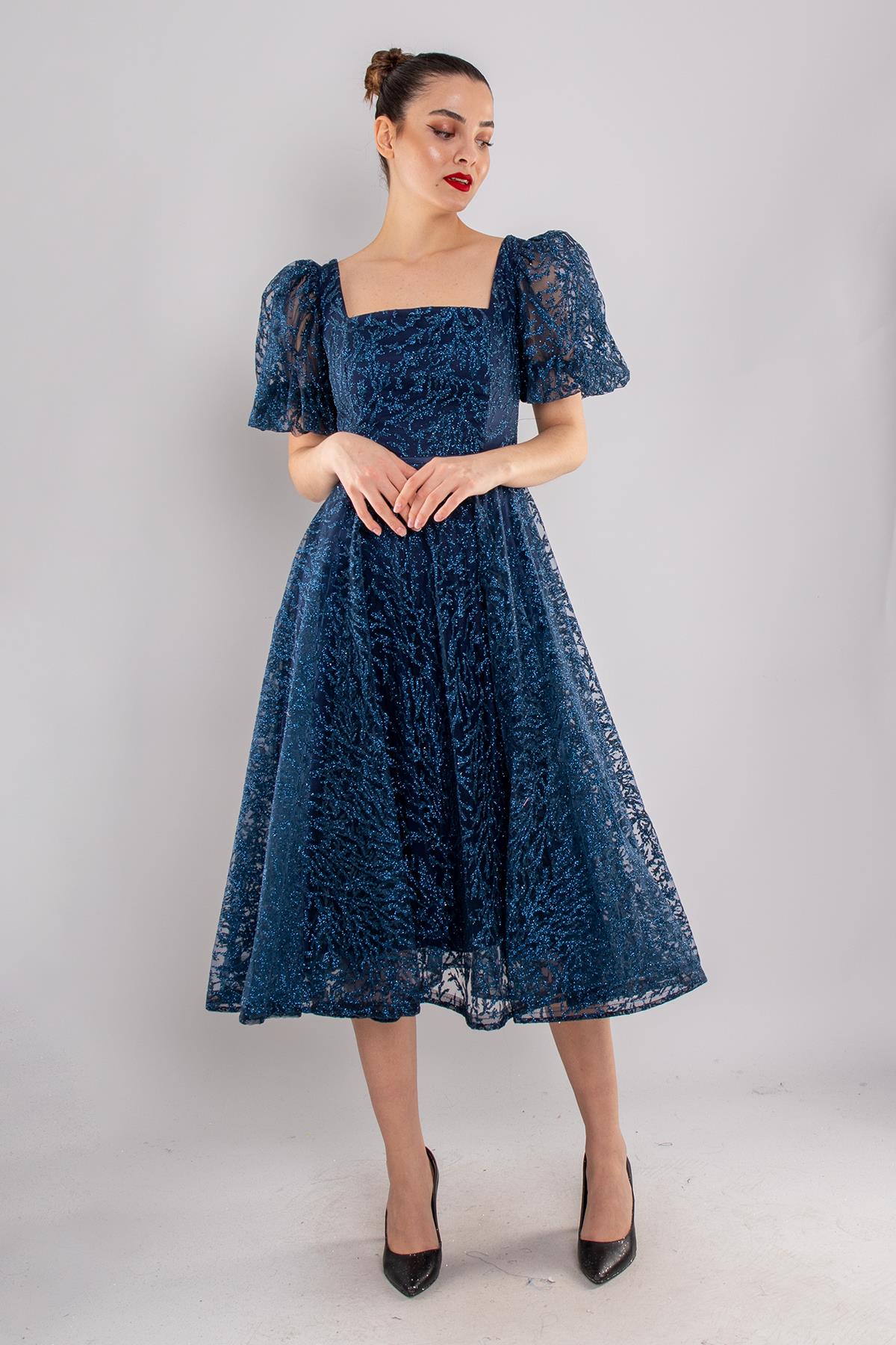 1491 Balon Kol Simli Kare Yaka Kloş Etek Kısa Abiye Elbise