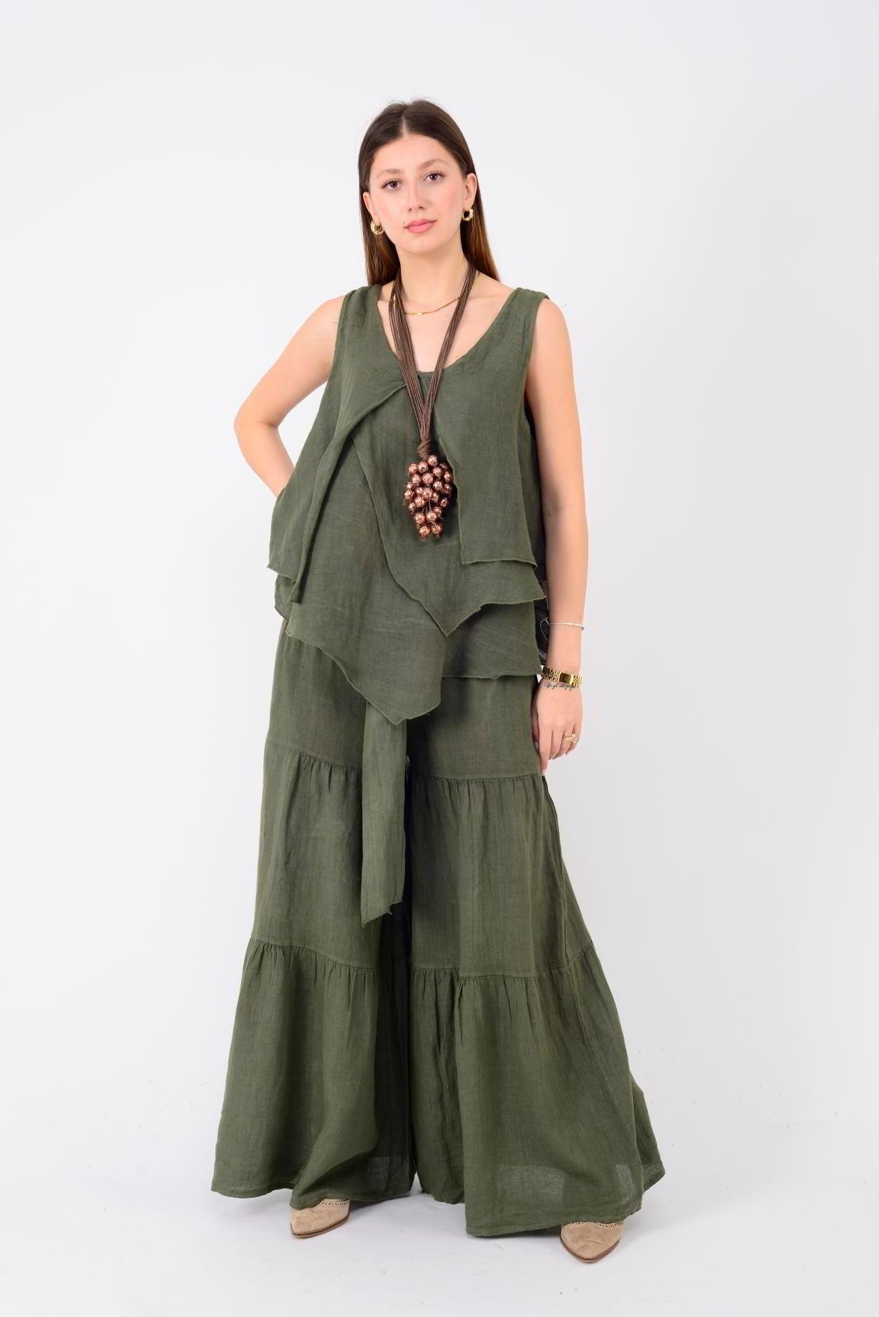 14930 Asimetrik Kesim Keten Kolsuz Bluz