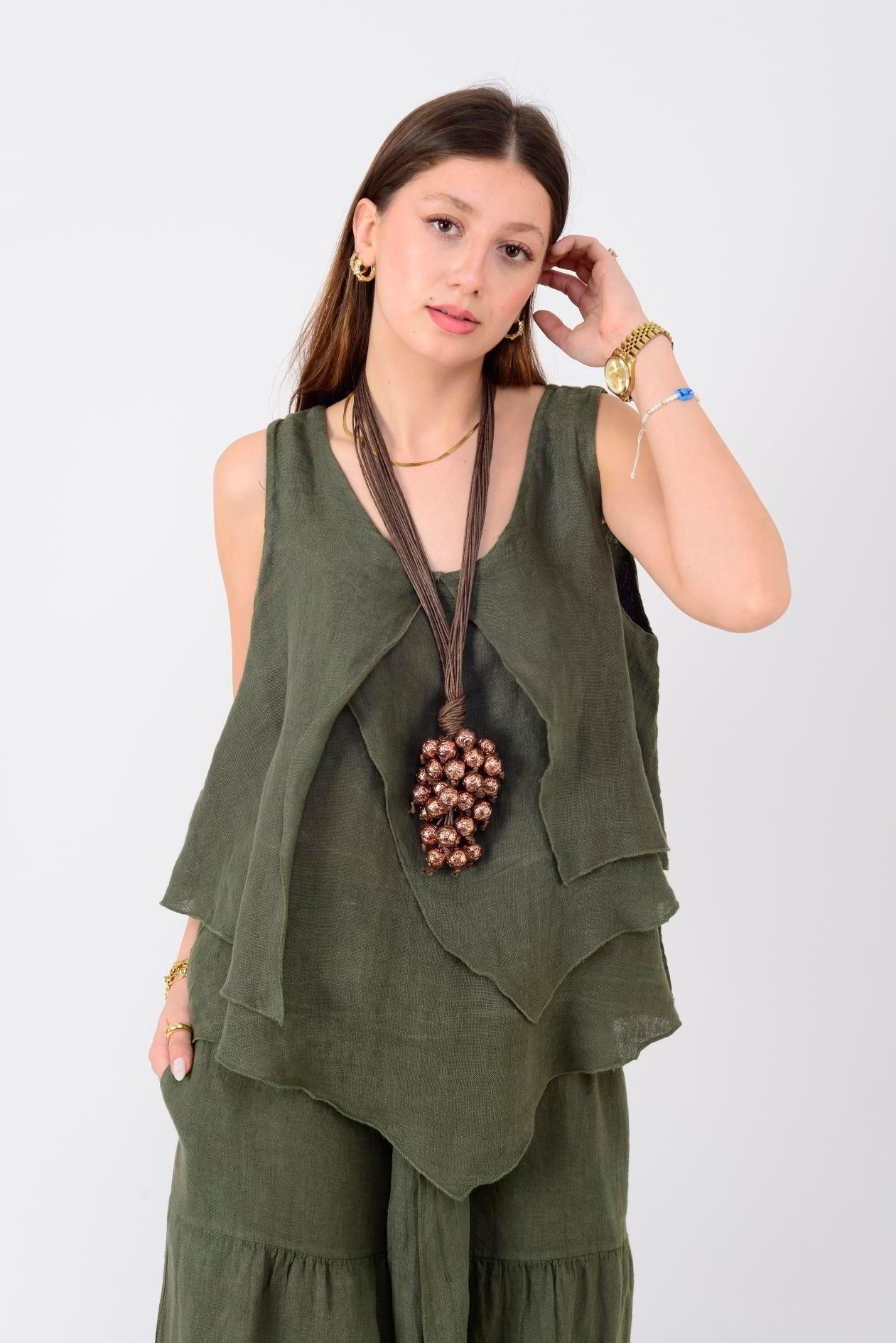 14930 Asimetrik Kesim Keten Kolsuz Bluz