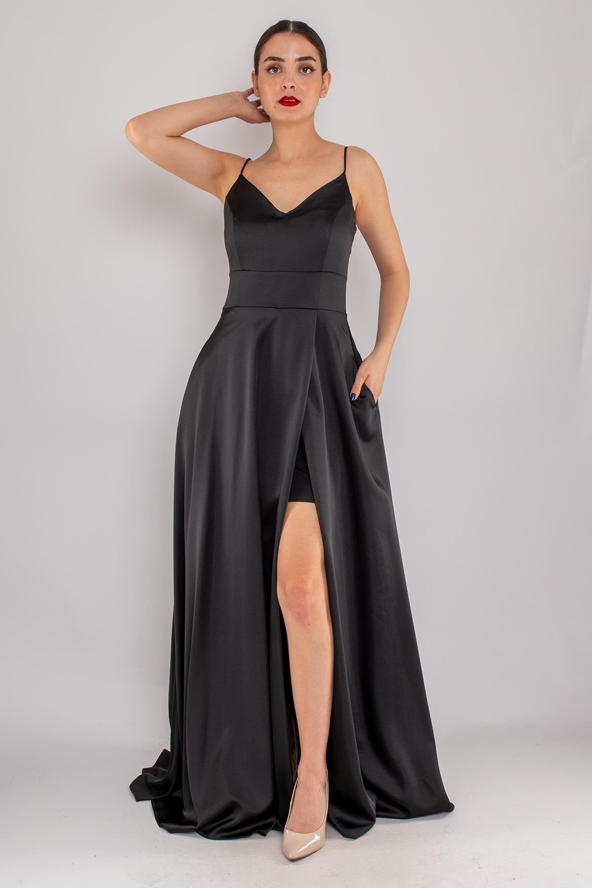 1495 Sırtı Bağlama İp Askı Saten Yırtmaçlı Önü Kapaklı Uzun Elbise