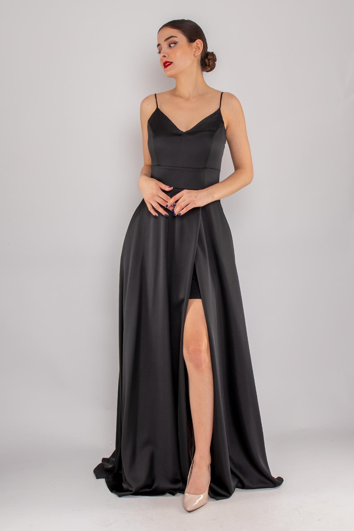 1495 Sırtı Bağlama İp Askı Saten Yırtmaçlı Önü Kapaklı Uzun Elbise