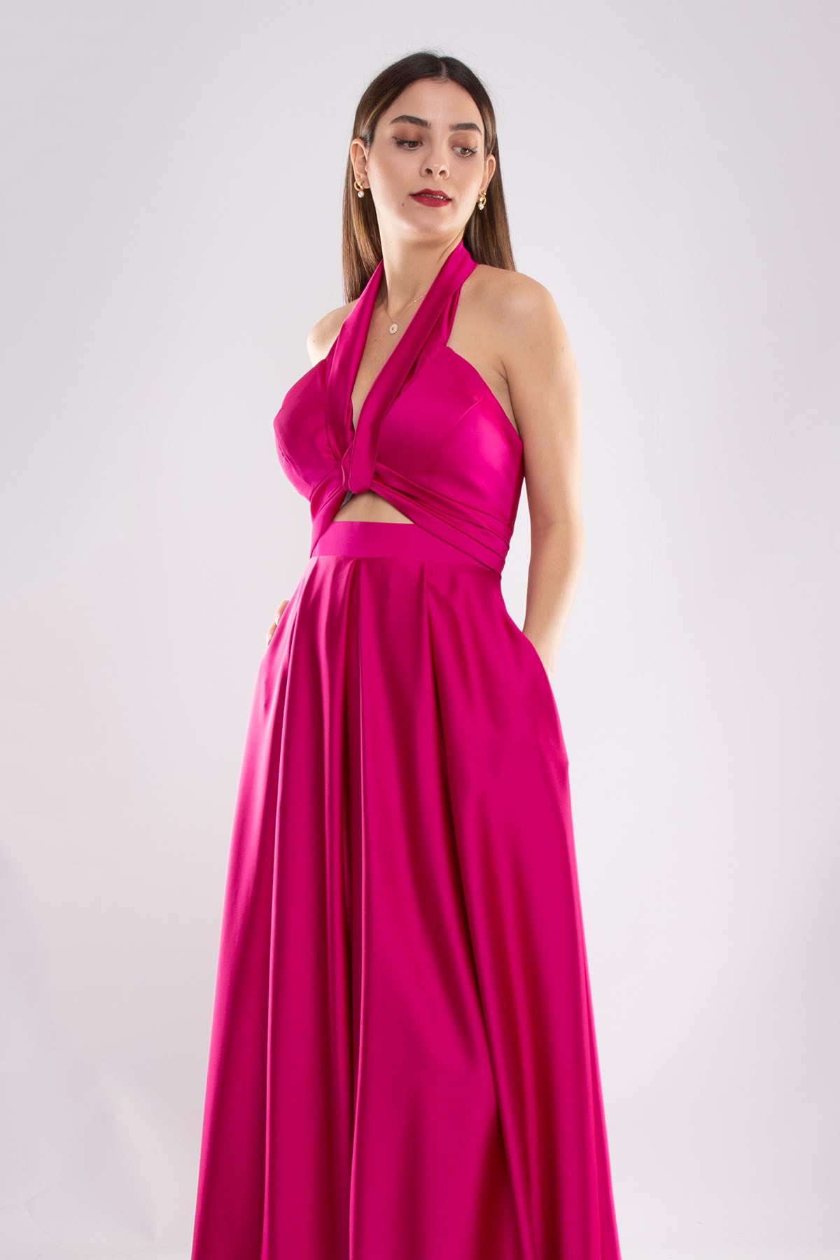 1506 Bosna Saten Beli Pencere Boyundan Geçmeli Uzun Elbise