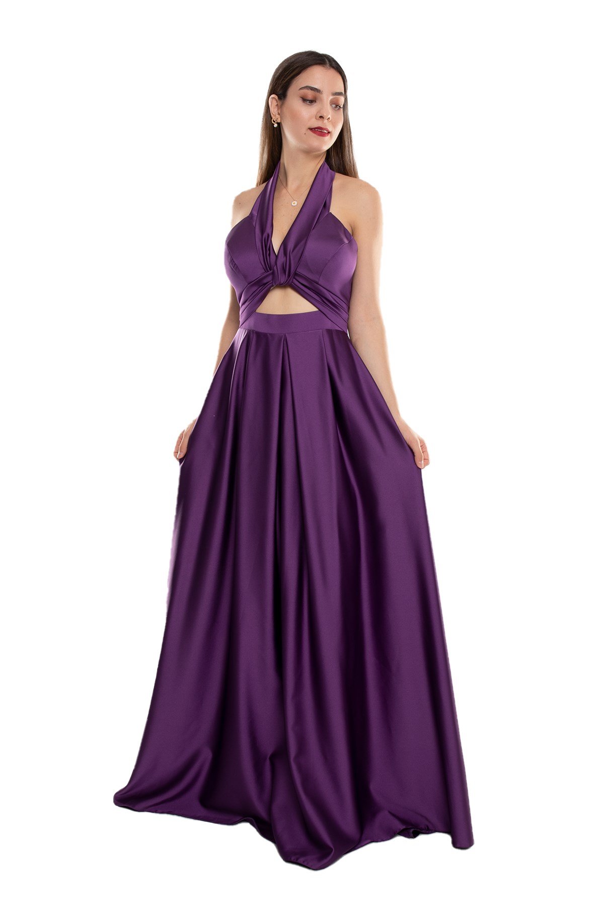 1506 Bosna Saten Beli Pencere Boyundan Geçmeli Uzun Elbise