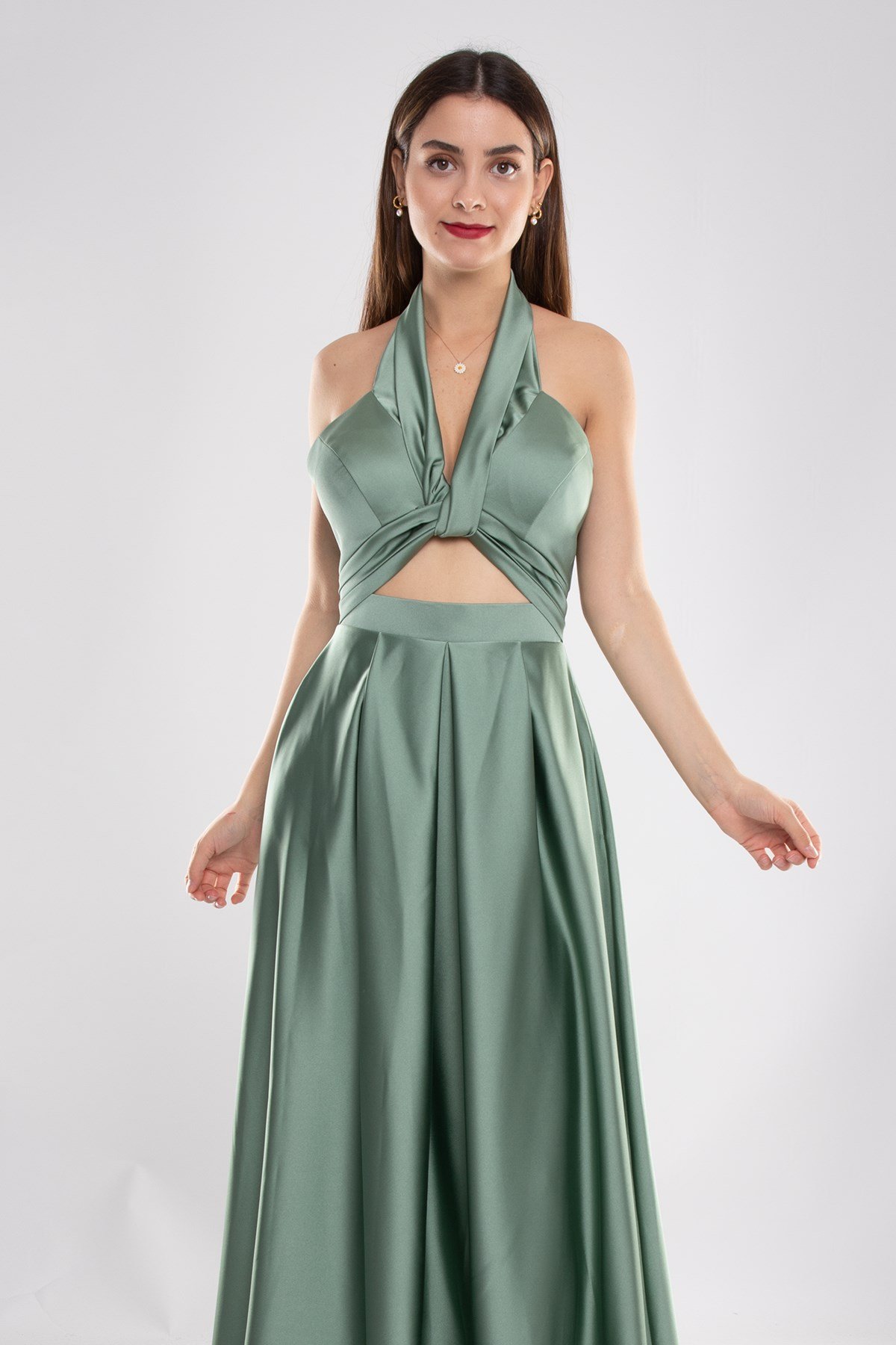 1506 Bosna Saten Beli Pencere Boyundan Geçmeli Uzun Elbise