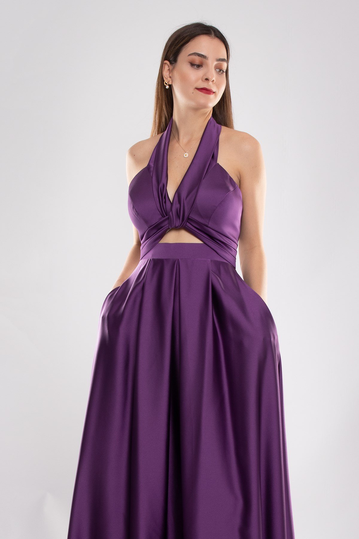 1506 Bosna Saten Beli Pencere Boyundan Geçmeli Uzun Elbise