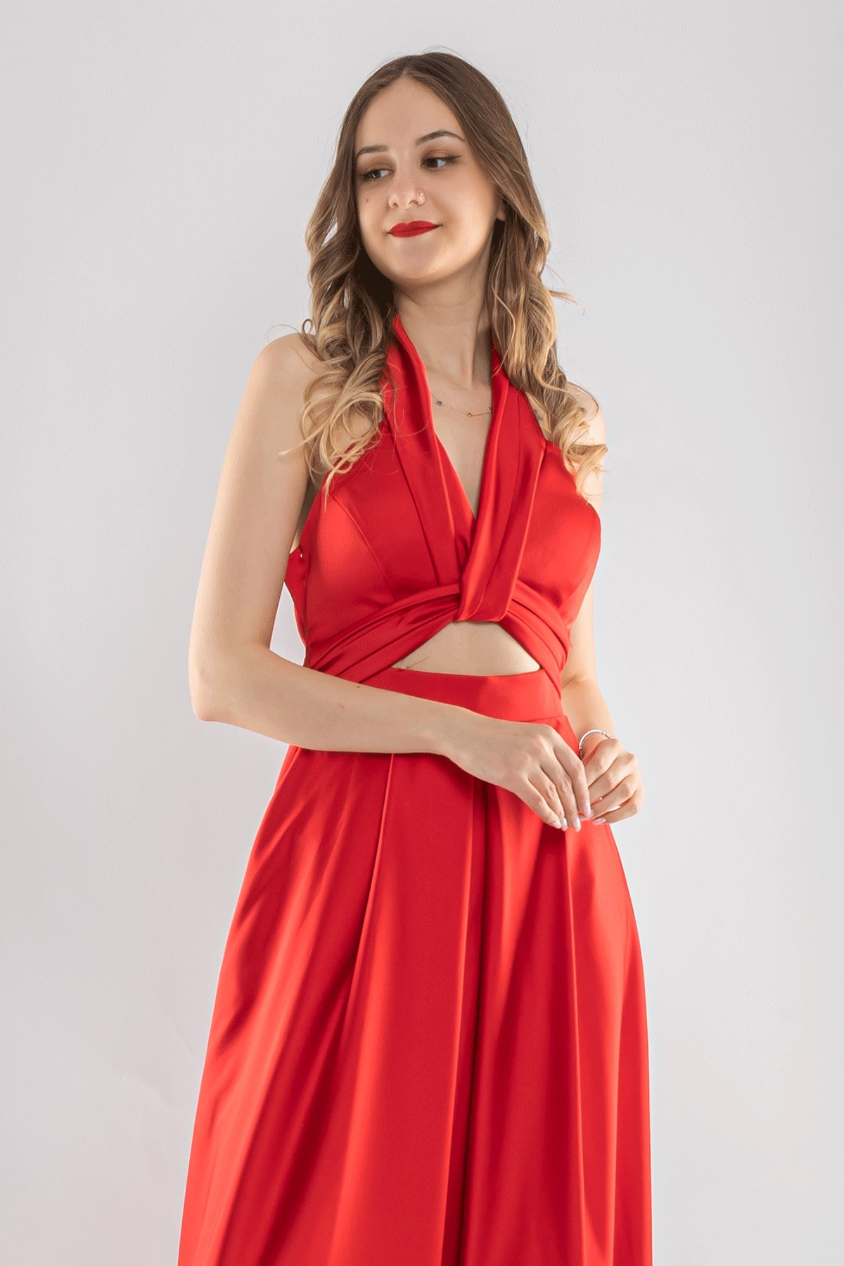 1506 Bosna Saten Beli Pencere Boyundan Geçmeli Uzun Elbise