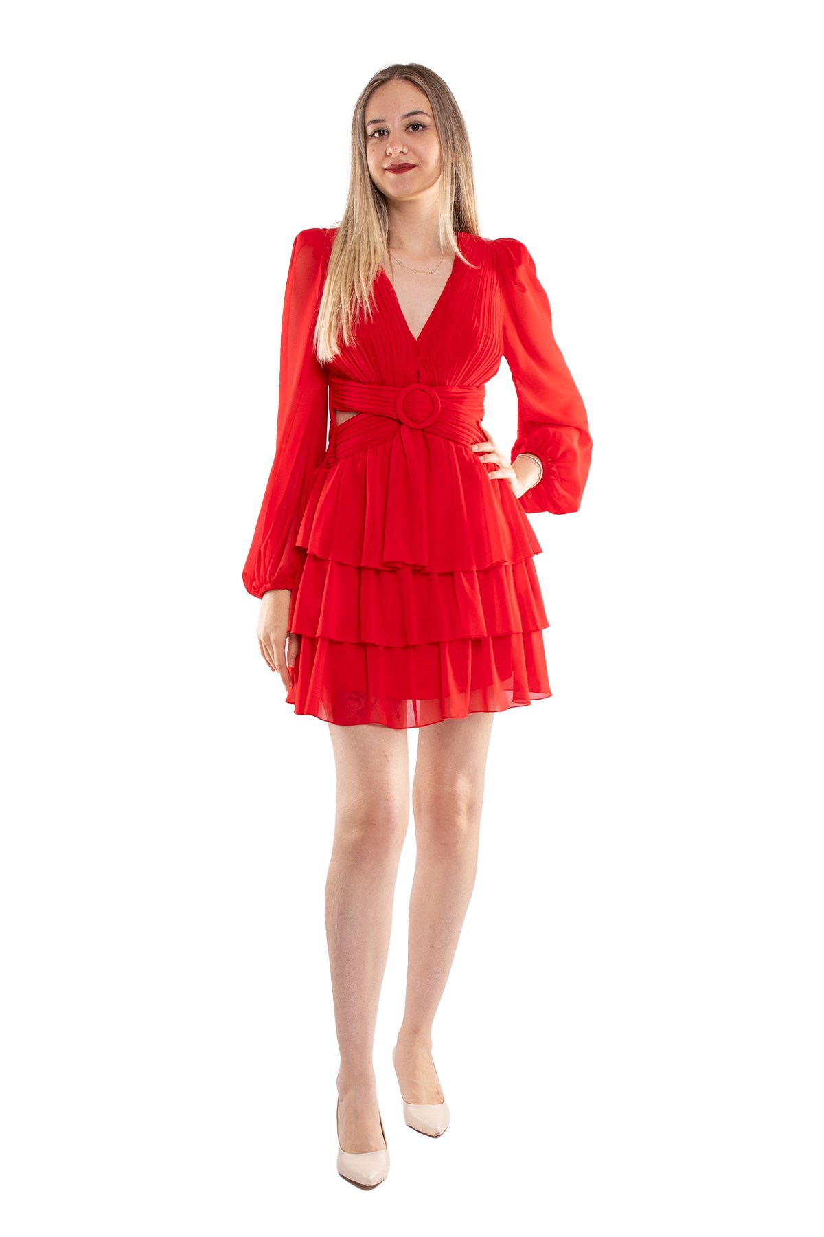 1524 Tül Kol Beli Çapraz Tokalı Kısa Şifon Elbise