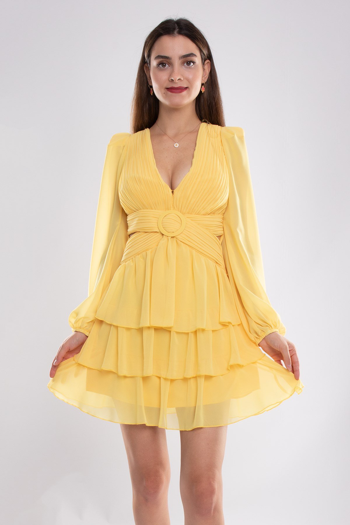 1524 Tül Kol Beli Çapraz Tokalı Kısa Şifon Elbise