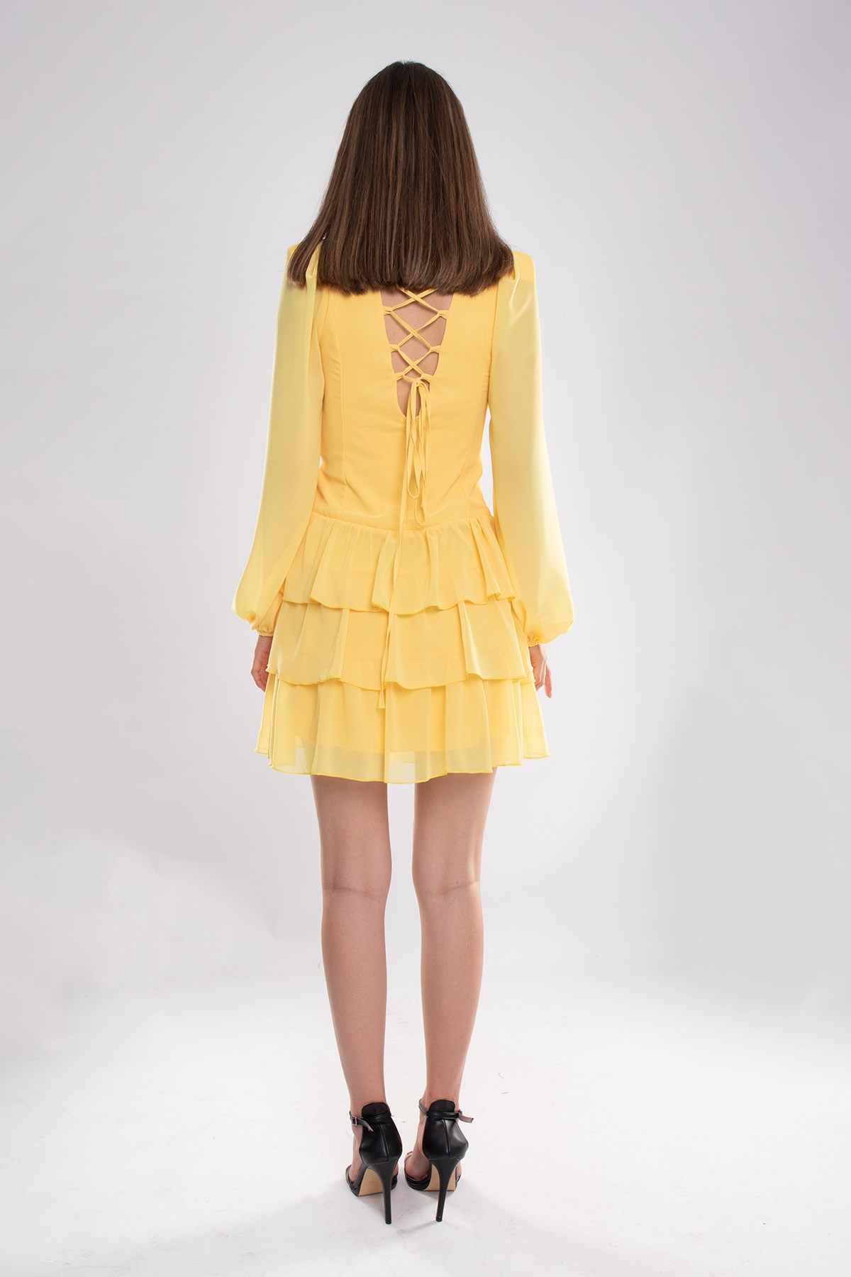 1524 Tül Kol Beli Çapraz Tokalı Kısa Şifon Elbise