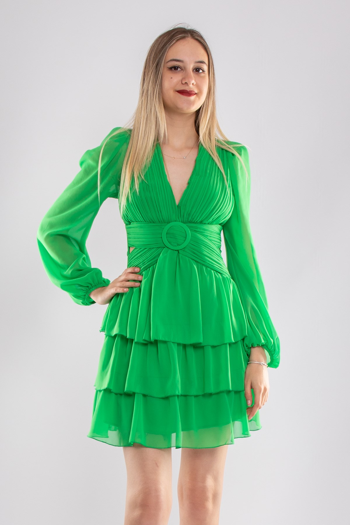 1524 Tül Kol Beli Çapraz Tokalı Kısa Şifon Elbise