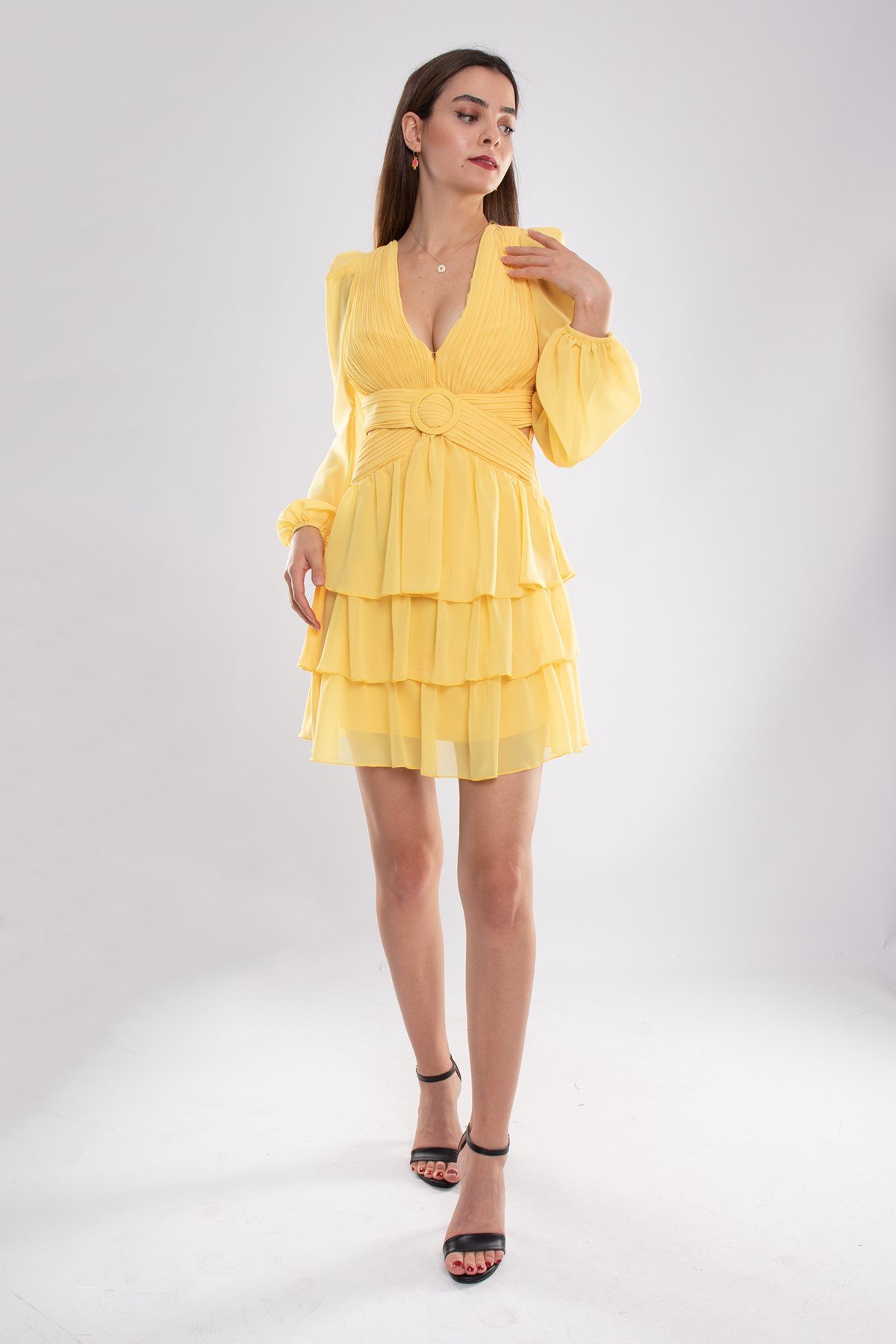 1524 Tül Kol Beli Çapraz Tokalı Kısa Şifon Elbise