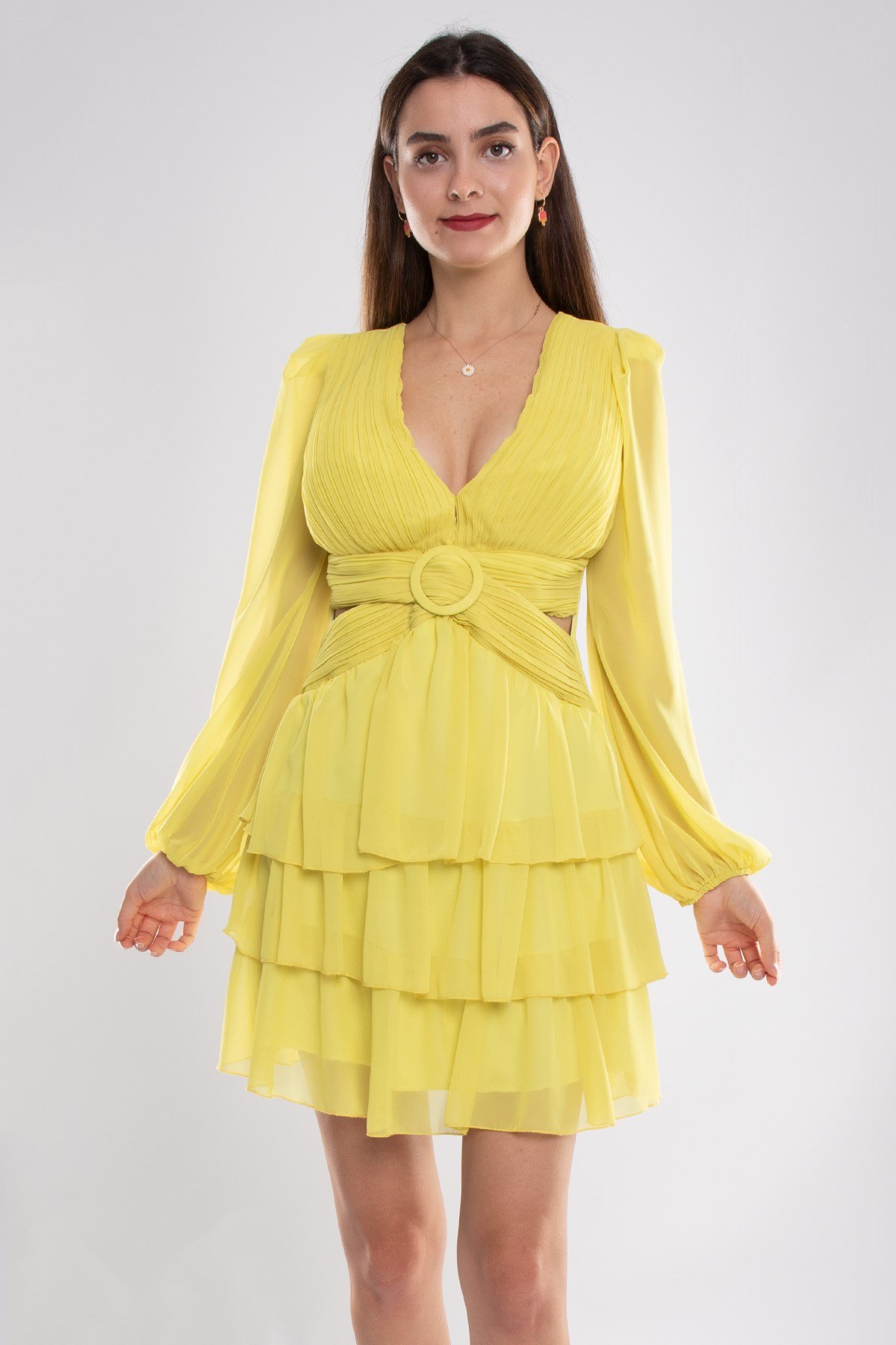 1524 Tül Kol Beli Çapraz Tokalı Kısa Şifon Elbise