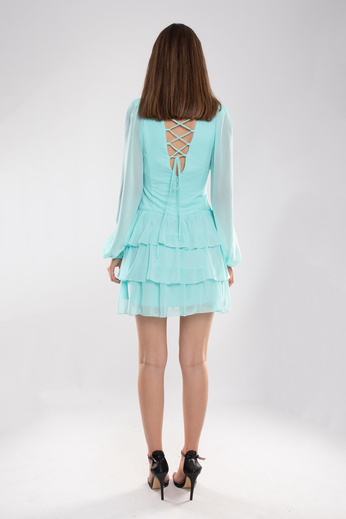 1524 Tül Kol Beli Çapraz Tokalı Kısa Şifon Elbise