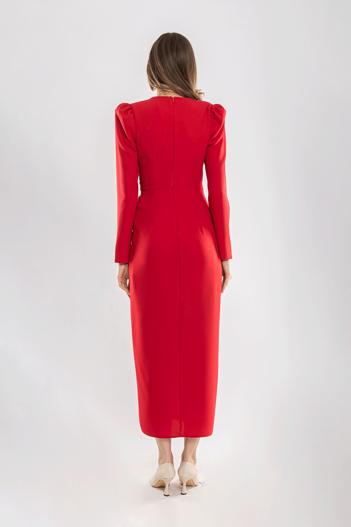 1540 Fiyonklu Kruvaze Yaka Krep Elbise