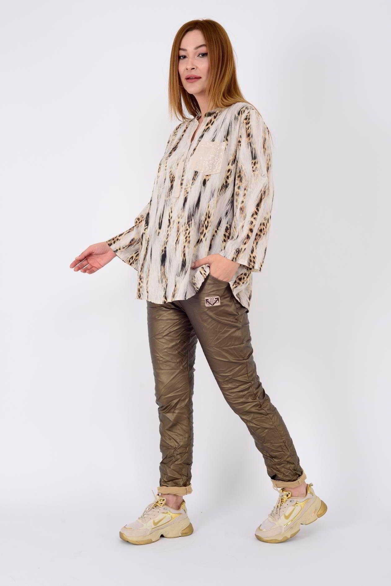 15451-7 Çizgi Leopar Desen Pul Detaylı 3 Düğmeli Gömlek