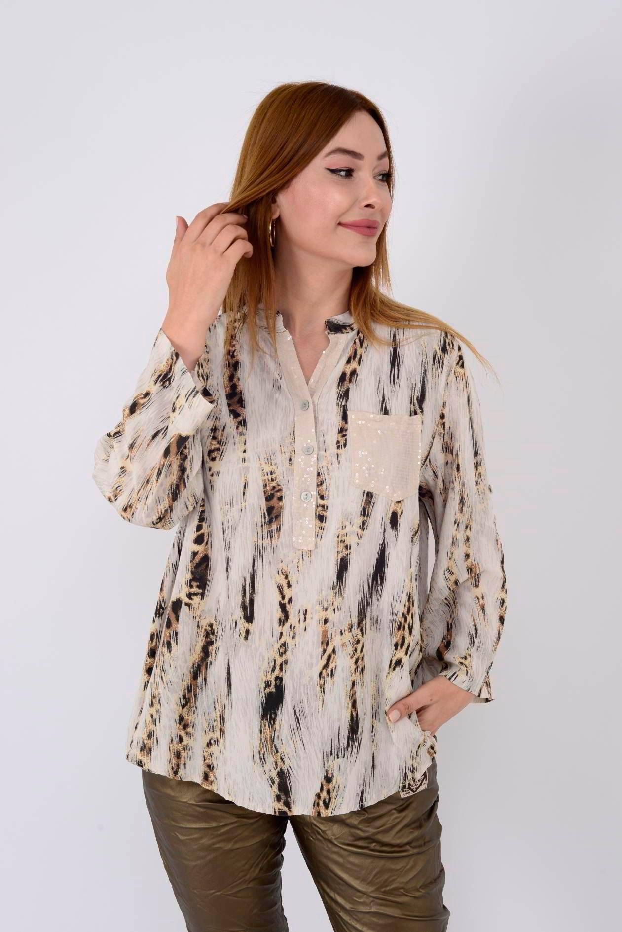 15451-7 Çizgi Leopar Desen Pul Detaylı 3 Düğmeli Gömlek