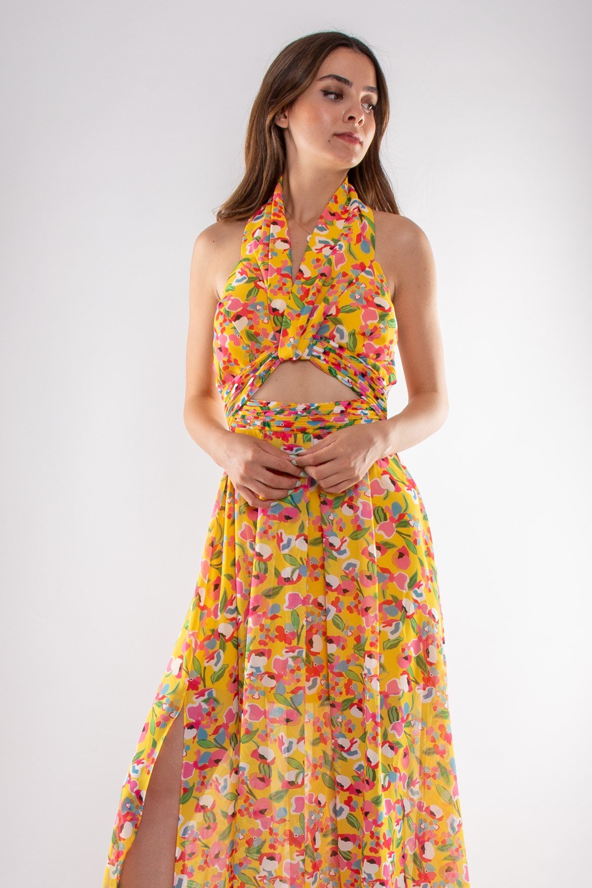 1551 Empirme Büstiyer Detay Çiçek Desen Şifon Uzun Elbise