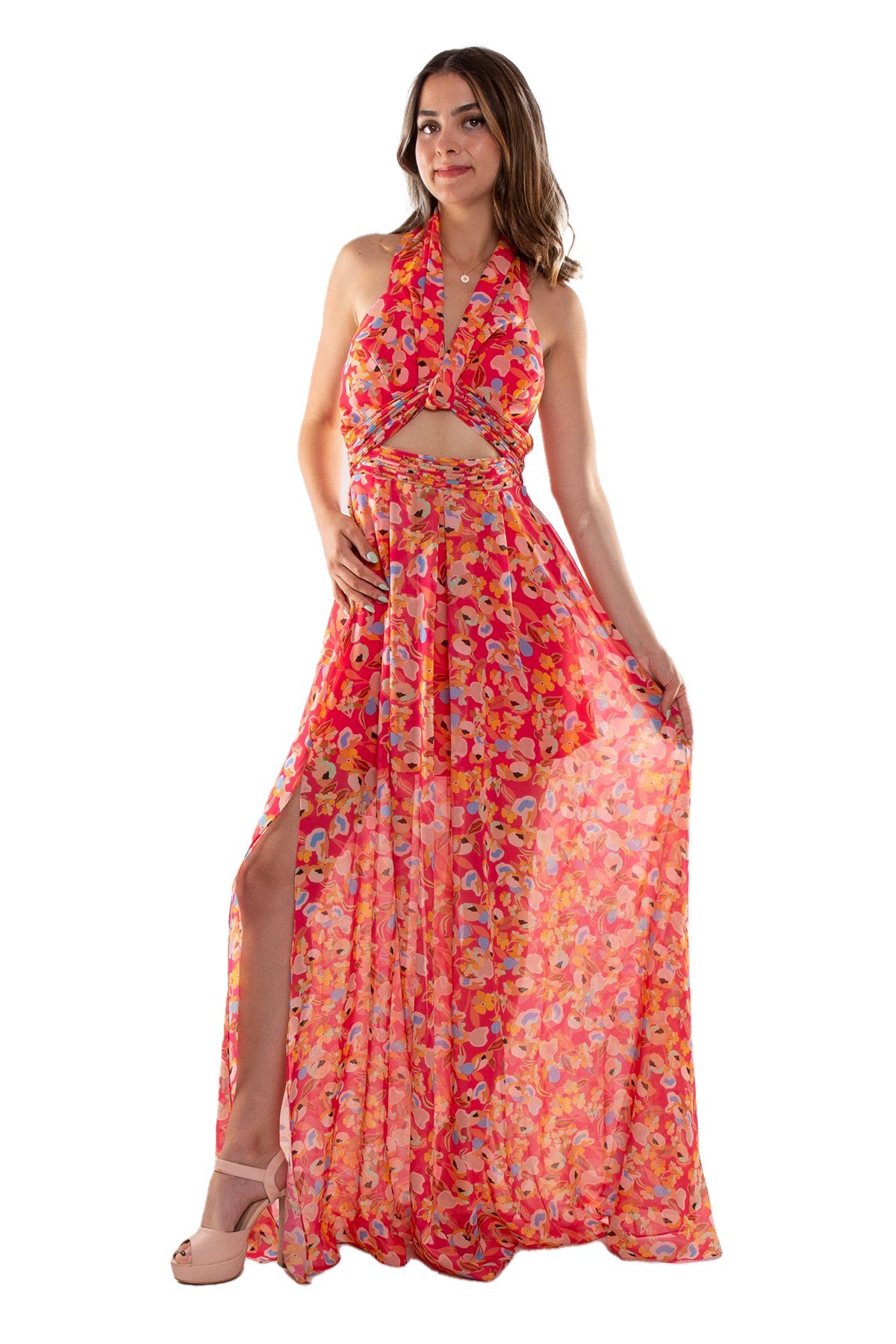 1551 Empirme Büstiyer Detay Çiçek Desen Şifon Uzun Elbise