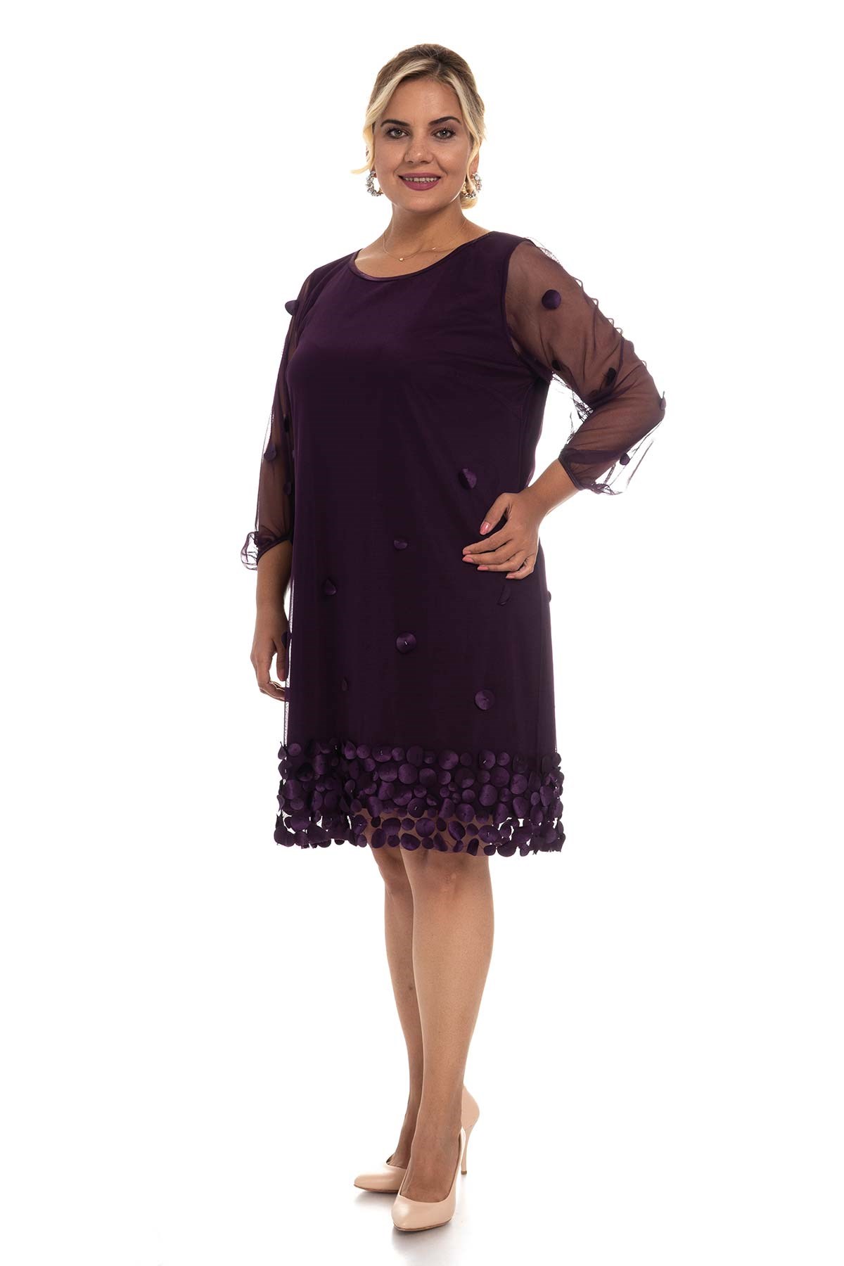 1555 BB 3D Eteği Baskılı Astarlı Kısa Elbise