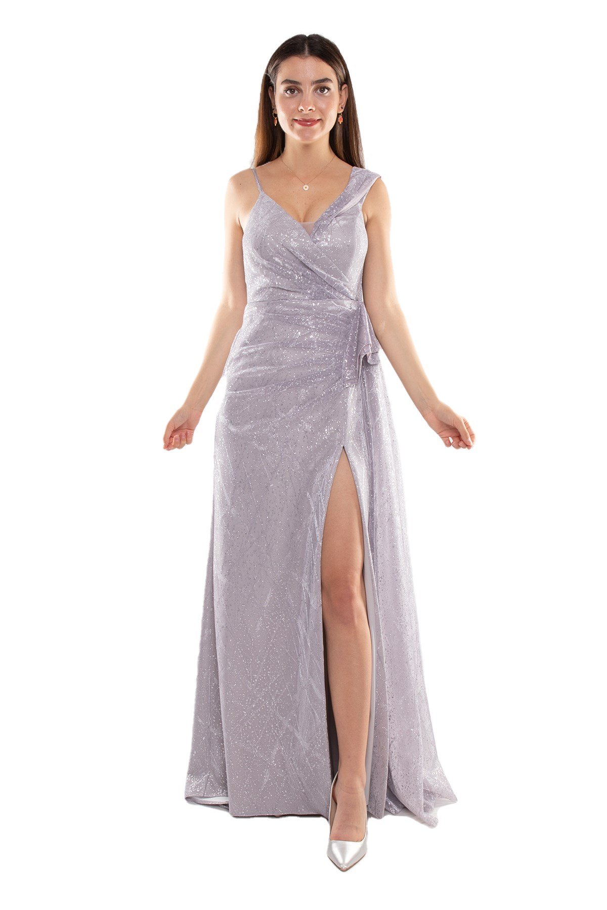 1563 Beli Drape Valonlu Simli Tül Yırtmaçlı Uzun Elbise