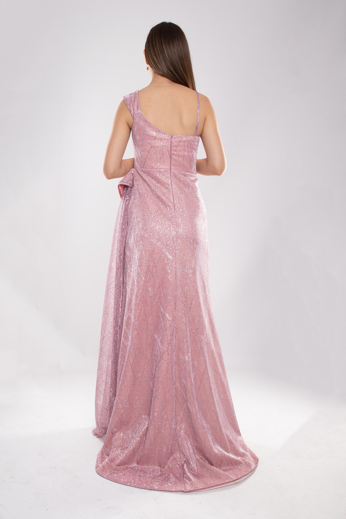 1563 Beli Drape Valonlu Simli Tül Yırtmaçlı Uzun Elbise