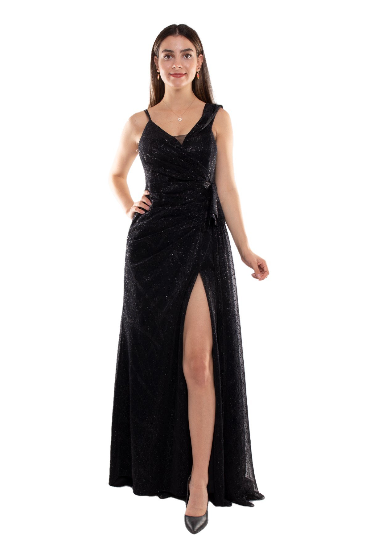 1563 Beli Drape Valonlu Simli Tül Yırtmaçlı Uzun Elbise