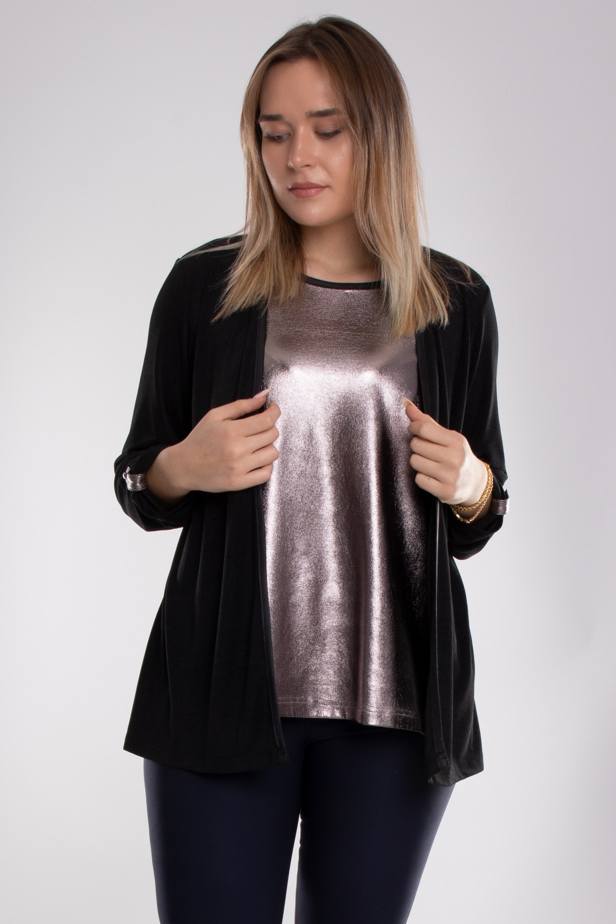 1569 Büyük Beden Hırka Kombinli Parlak Bluz