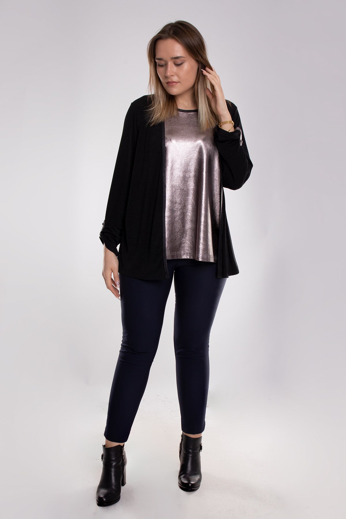 1569 Büyük Beden Hırka Kombinli Parlak Bluz