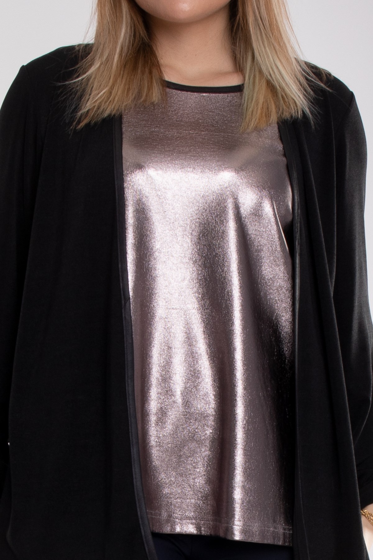 1569 Büyük Beden Hırka Kombinli Parlak Bluz