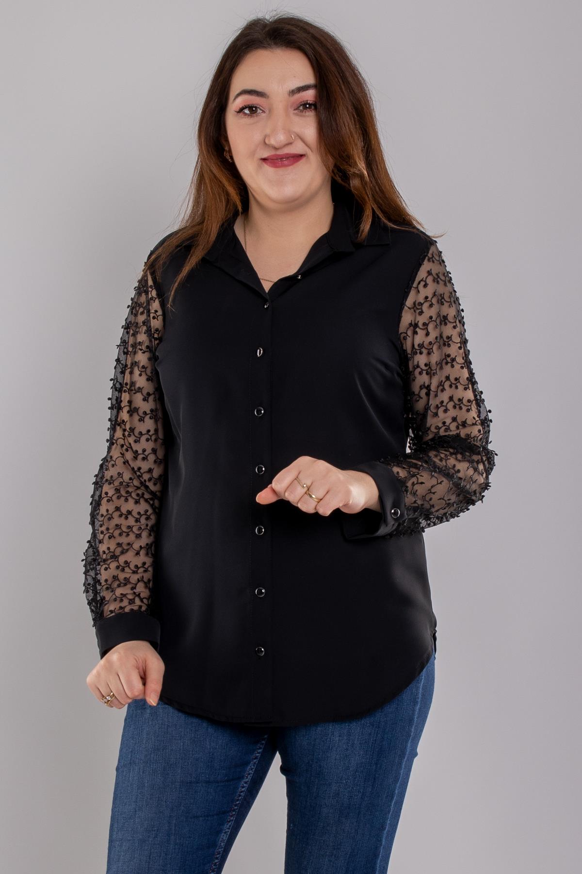 1605 Büyük Beden Güpür Tül Kol Düğmeli Krep Şifon Gömlek