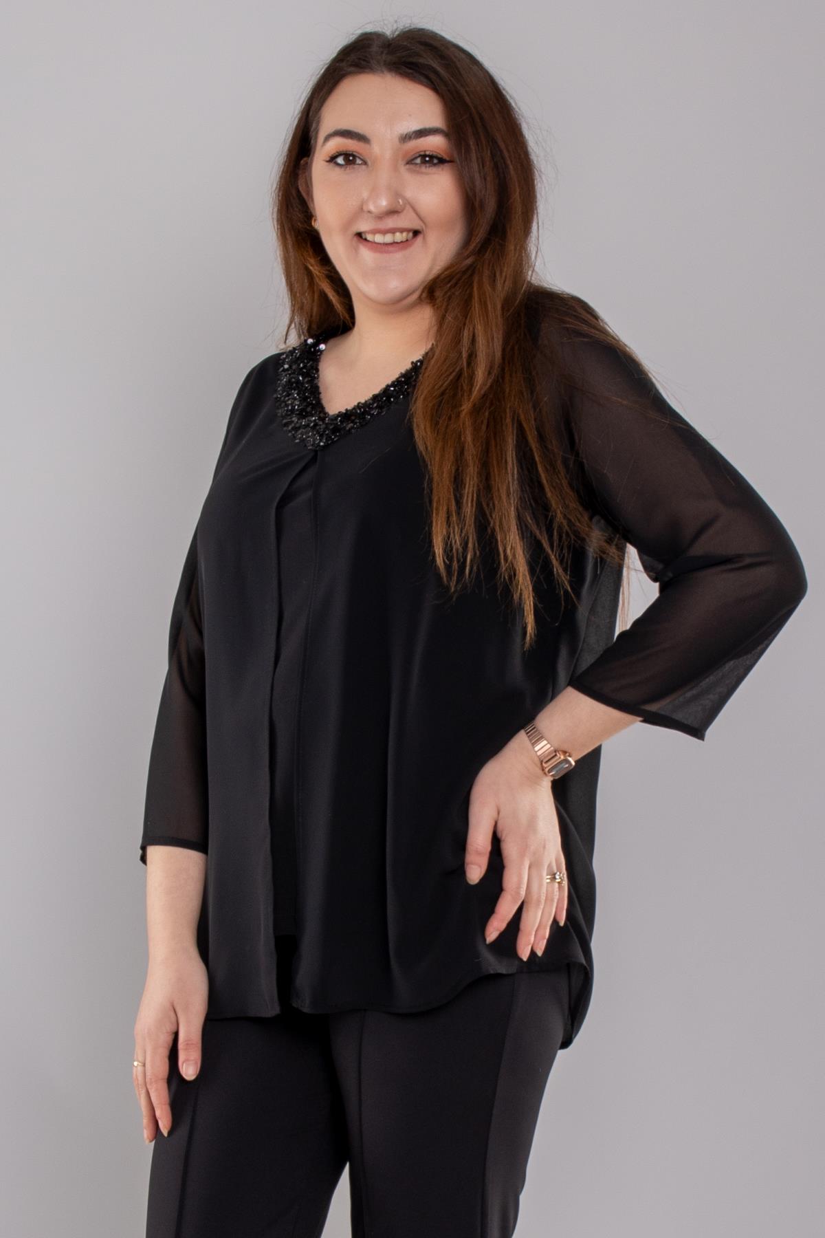 1607 Büyük Beden Vyaka Payetli Şifon Astarlı Bluz