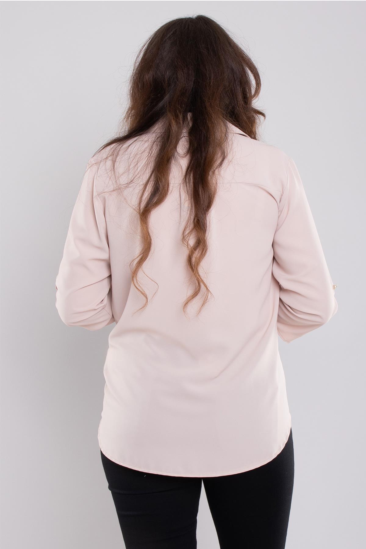 1608 Büyük Beden Cep Kapaklı Truvakar Kol Şifon Düğmeli Gömlek