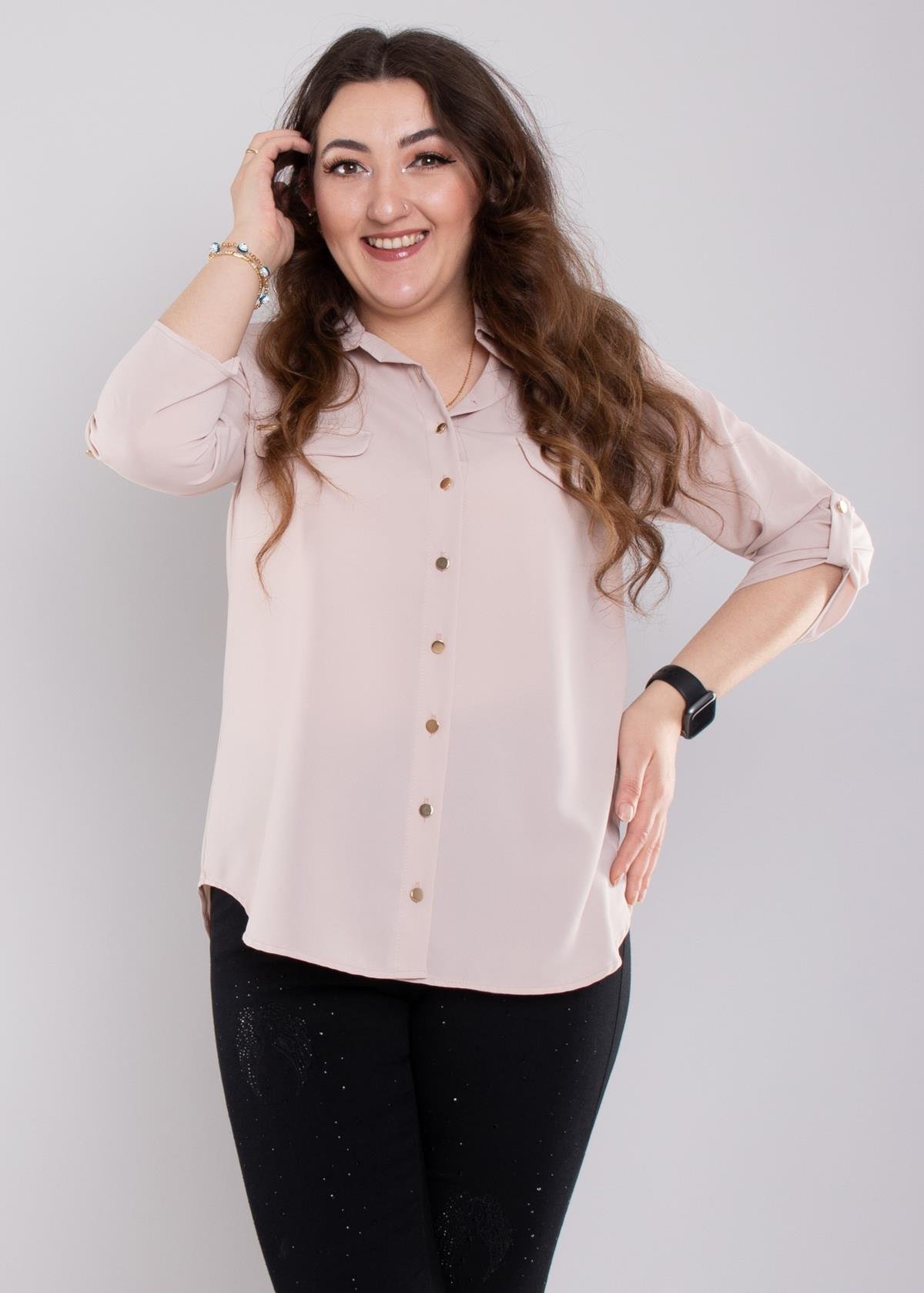 1608 Büyük Beden Cep Kapaklı Truvakar Kol Şifon Düğmeli Gömlek