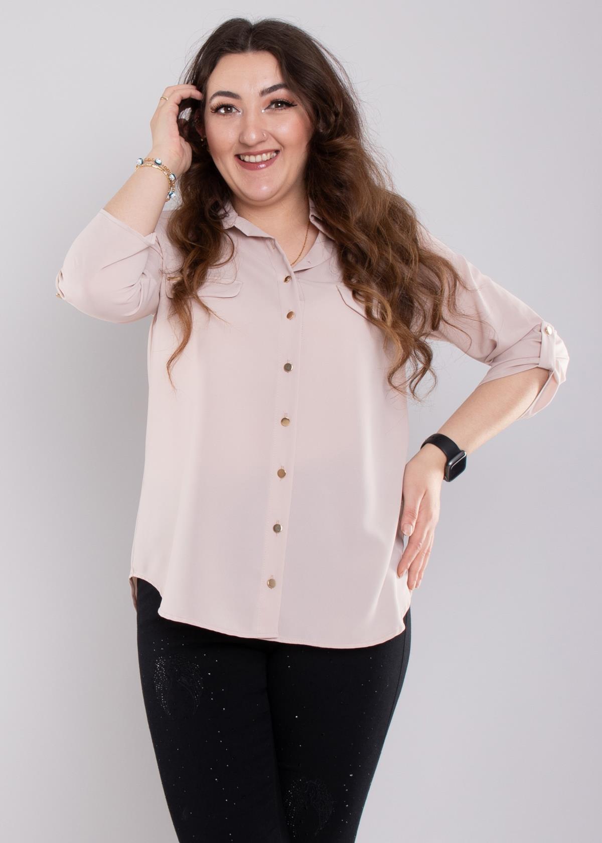 1608 Büyük Beden Cep Kapaklı Truvakar Kol Şifon Düğmeli Gömlek