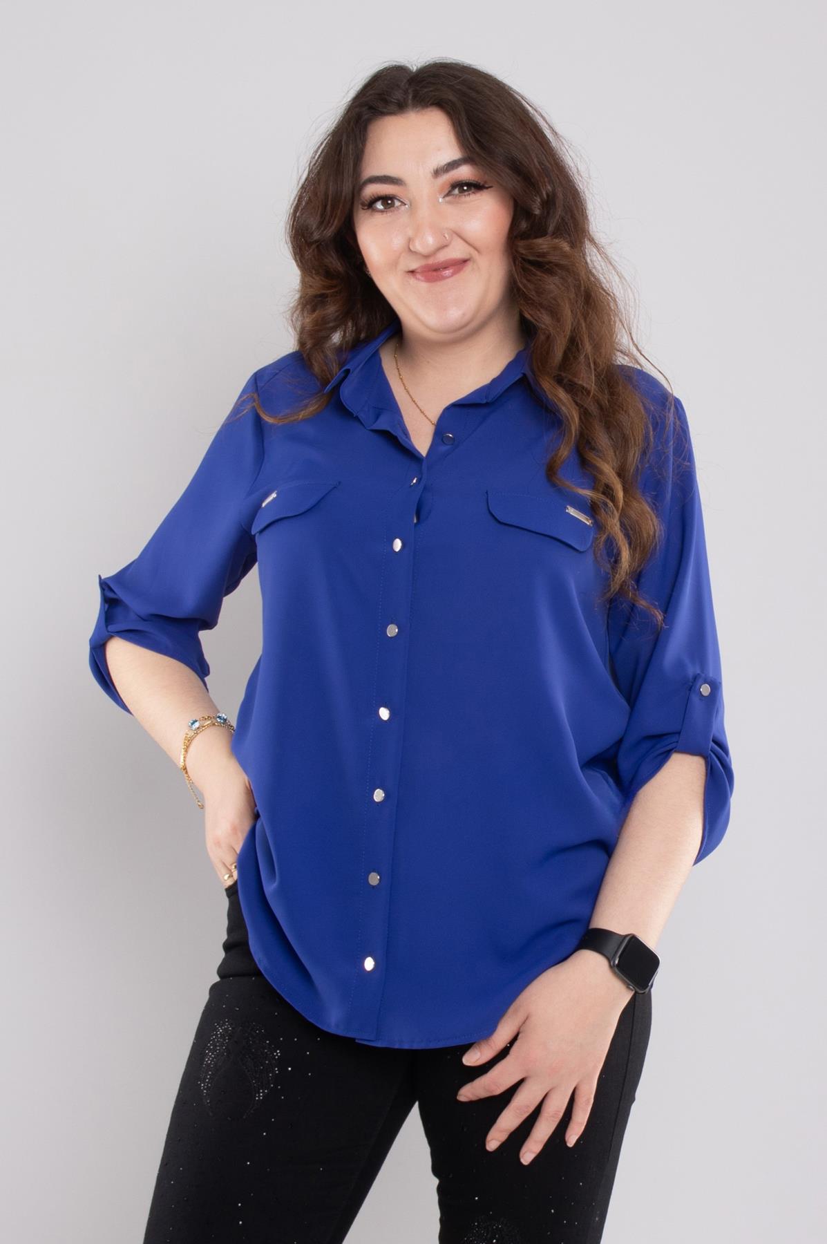 1608 Büyük Beden Cep Kapaklı Truvakar Kol Şifon Düğmeli Gömlek